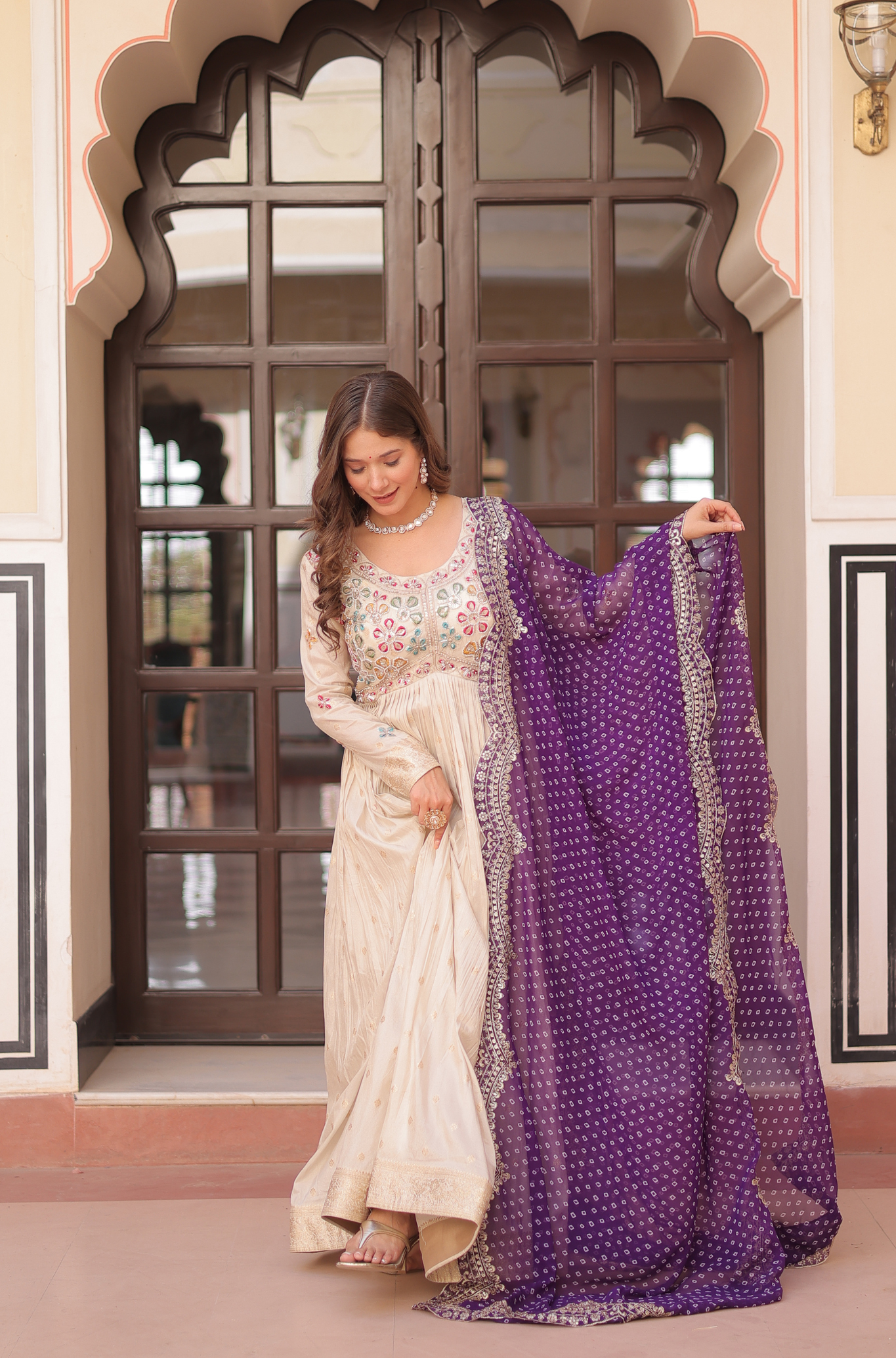 Women Mirror Embroidered Anarkali Gown with Bandhani Dupatta