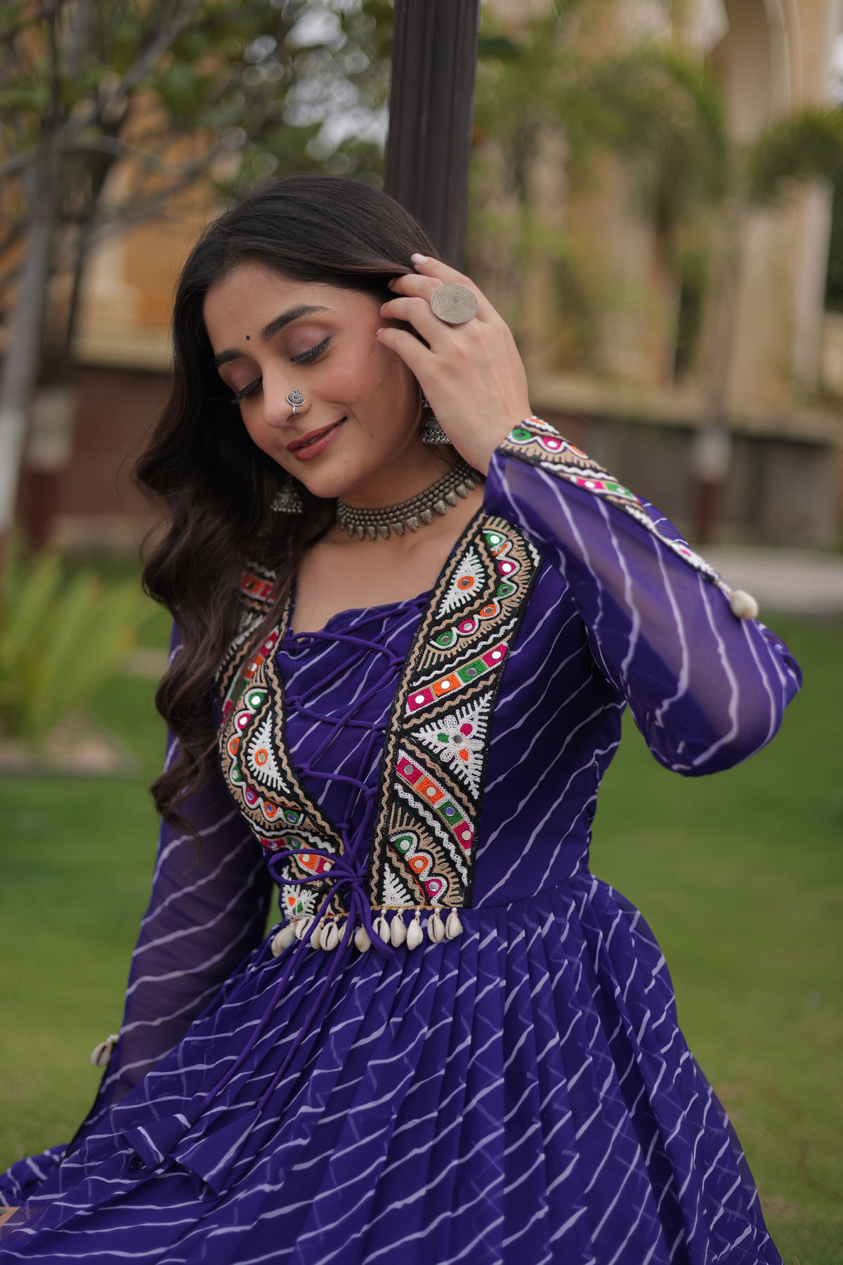 Designer Printed Anarkali Gown with Embroidered Yoke & Flared Skirt