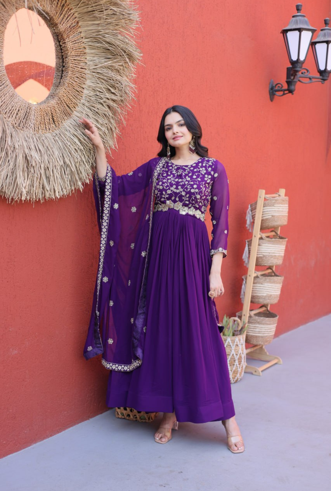 Women Embroidered Faux Blooming Anarkali Gown with Dupatta