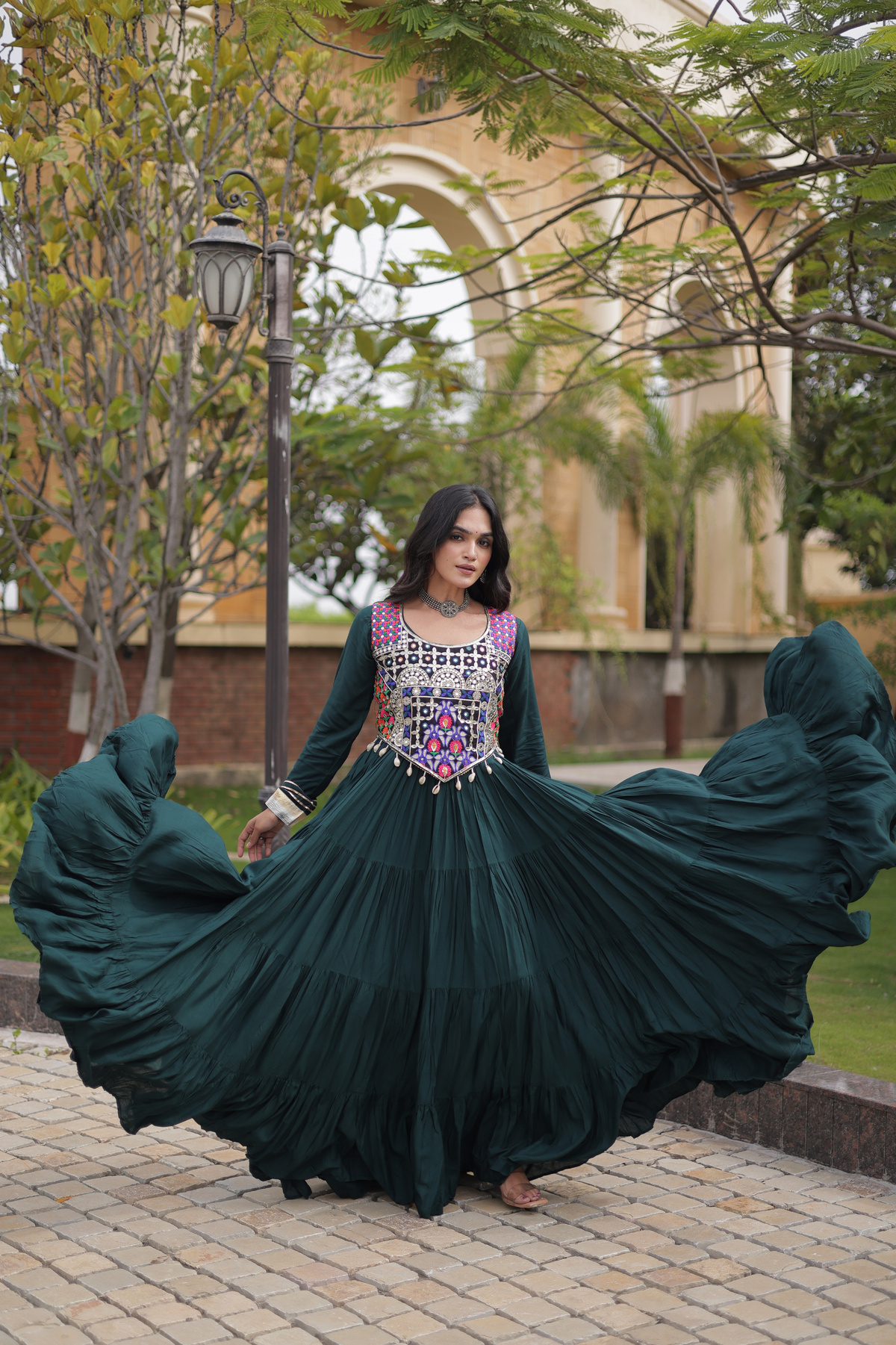 Designer Embroidered Koti Gown with Mirror Work & Flared Skirt