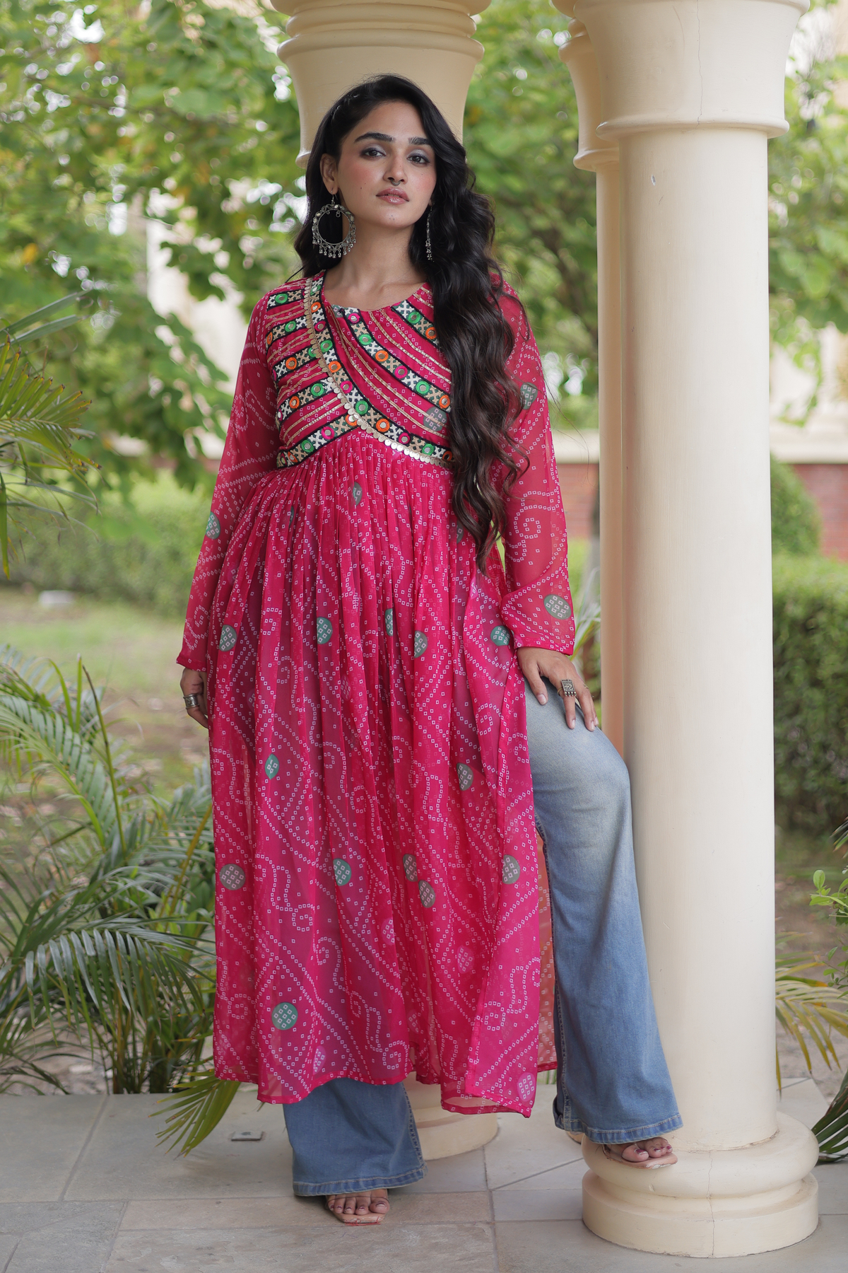Women’s Long Anarkali Kurti with Ethnic Print & Embroidery