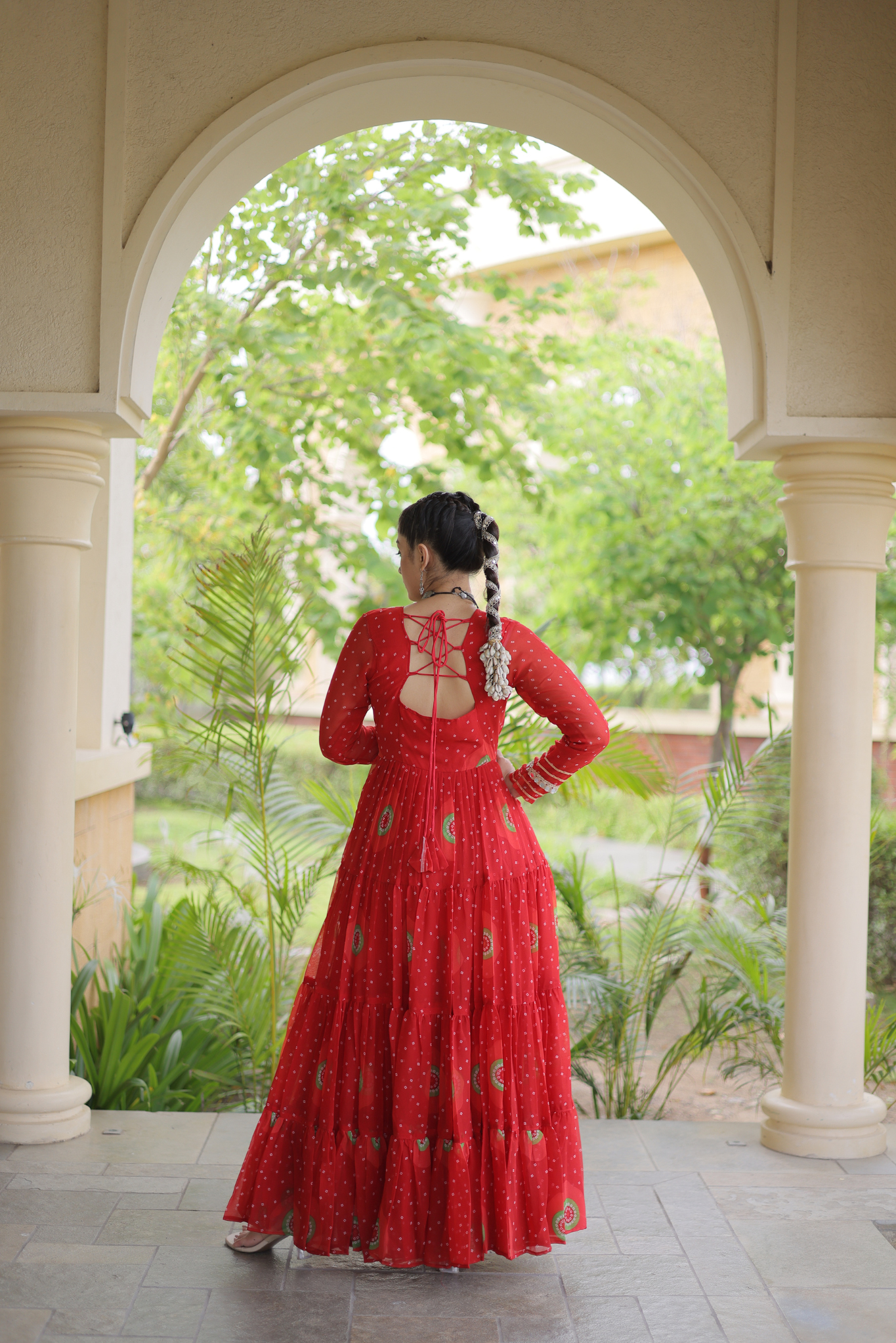 Women's Designer Kutchi Gamthi Embroidered Tiered Anarkali Gown with Mirror Work