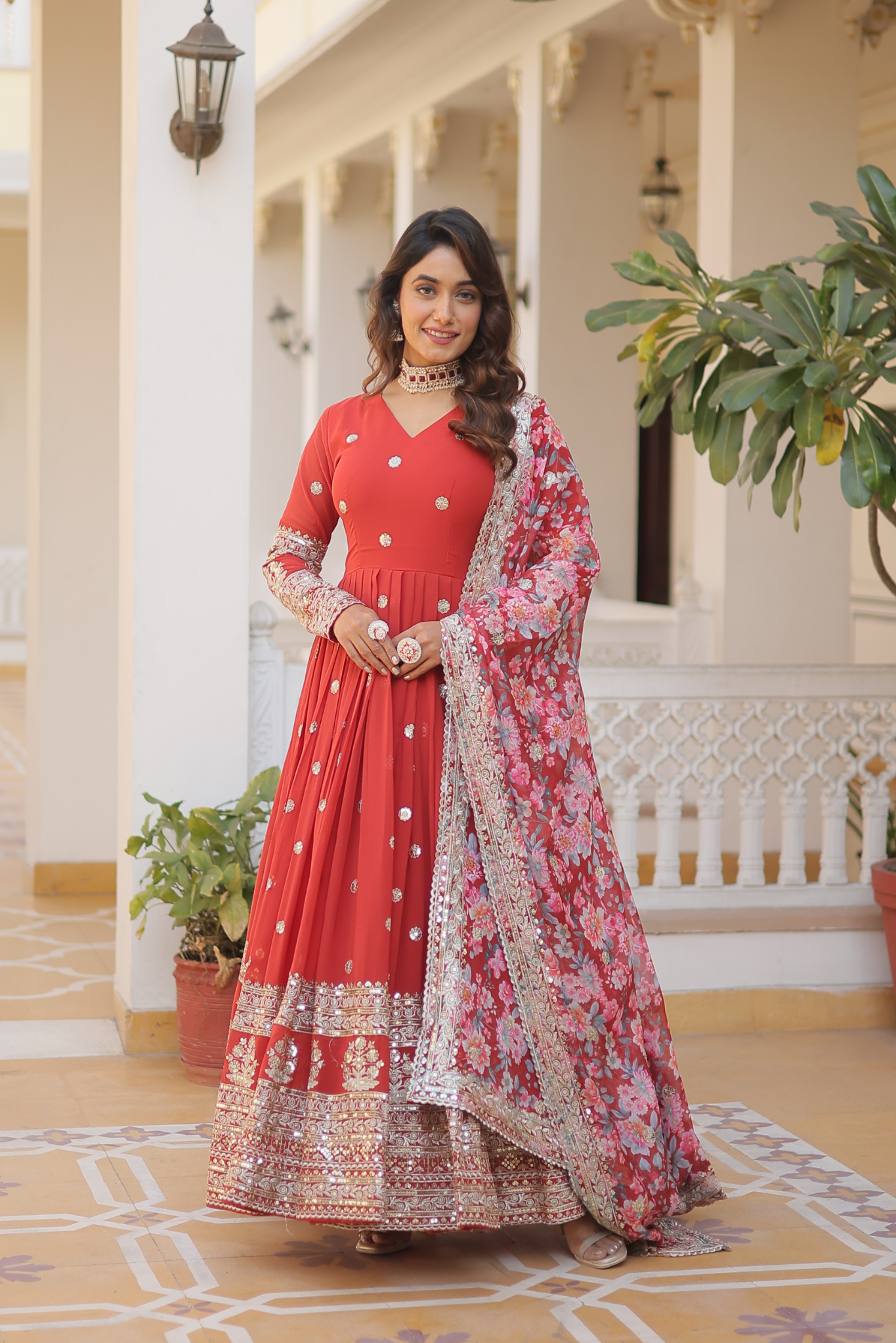 Women's Designer Sequins Embroidered Anarkali Gown with Floral Printed Dupatta