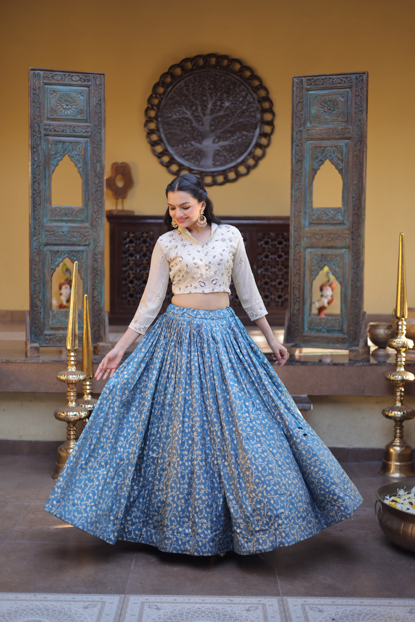 Women's Designer Embroidered Crop Top with Printed Flared Lehenga Set for Wedding & Festive Wear