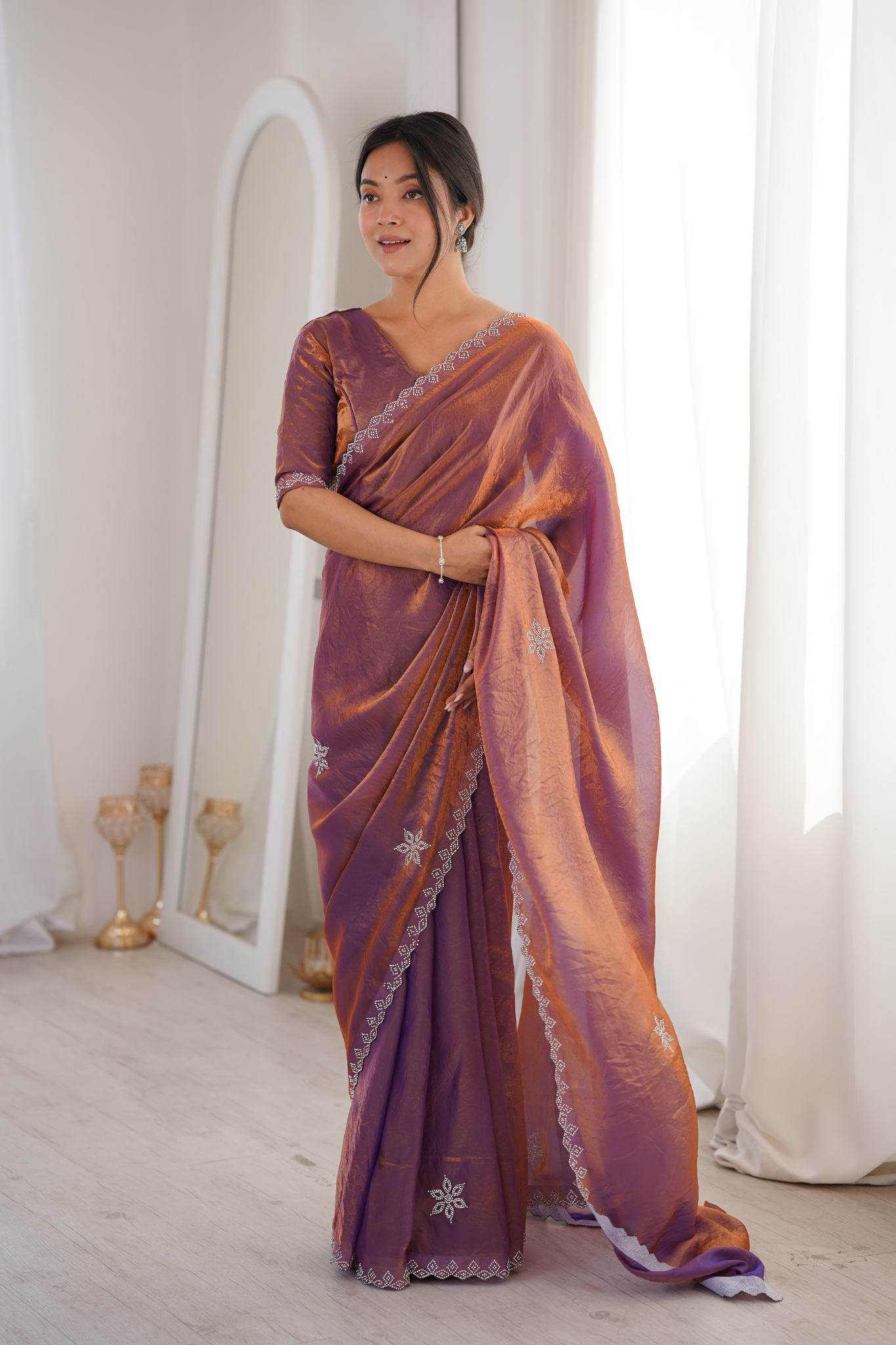 Women Tissue Silk Saree with Silver Border Embroidery