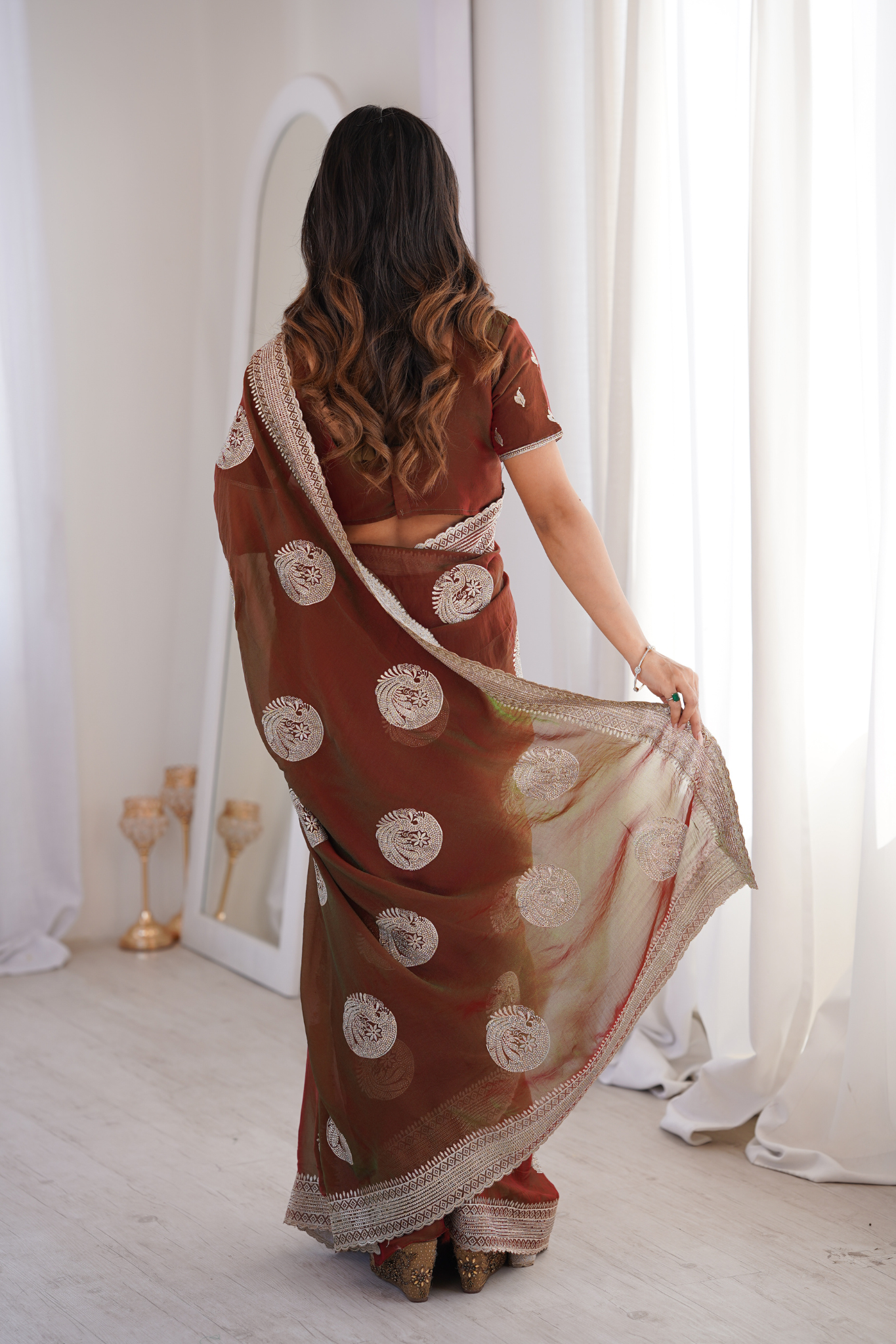 Women Organza Saree with Silver Zari Embroidery Border