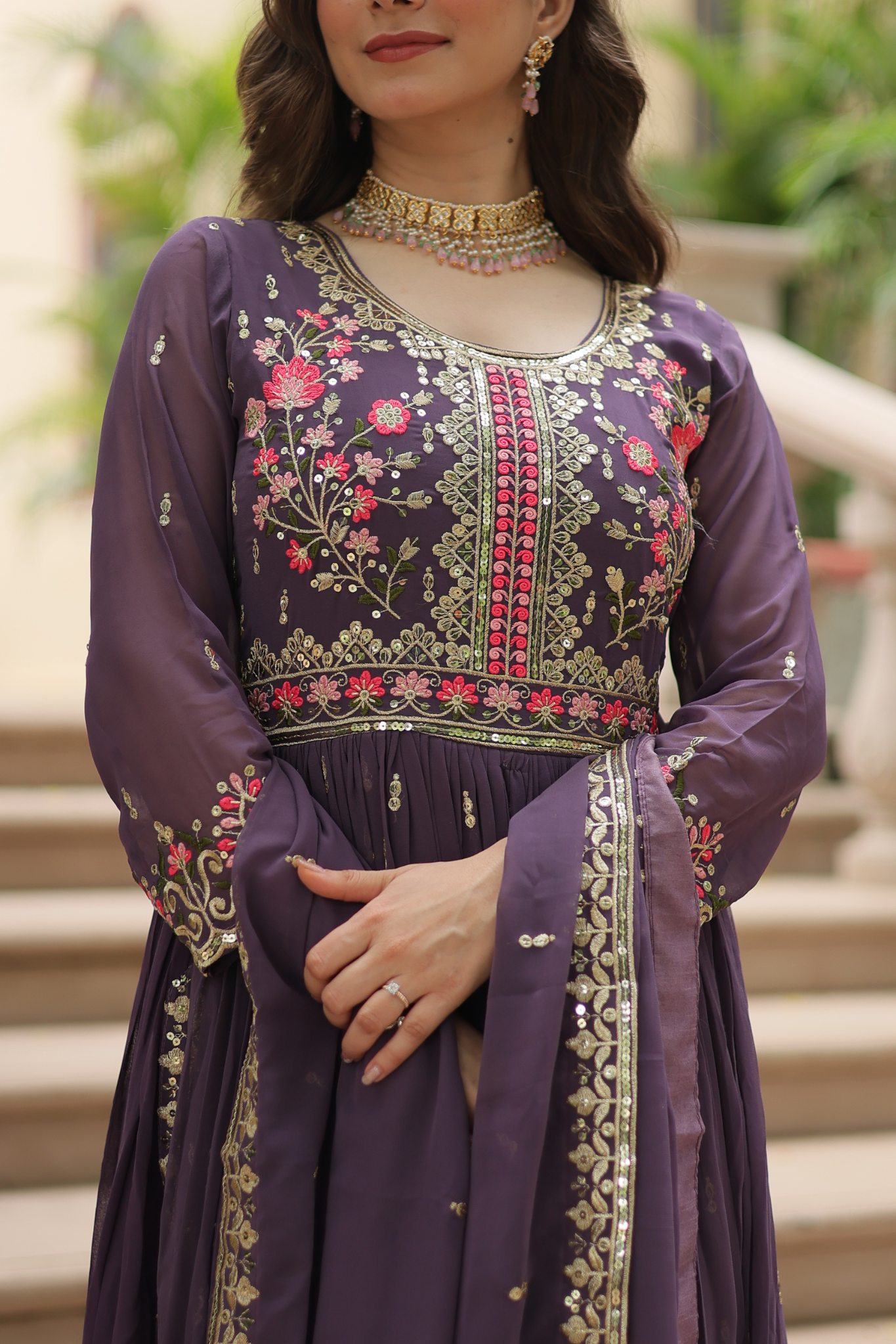 Women's Designer Floral Embroidered Anarkali Gown with Dupatta