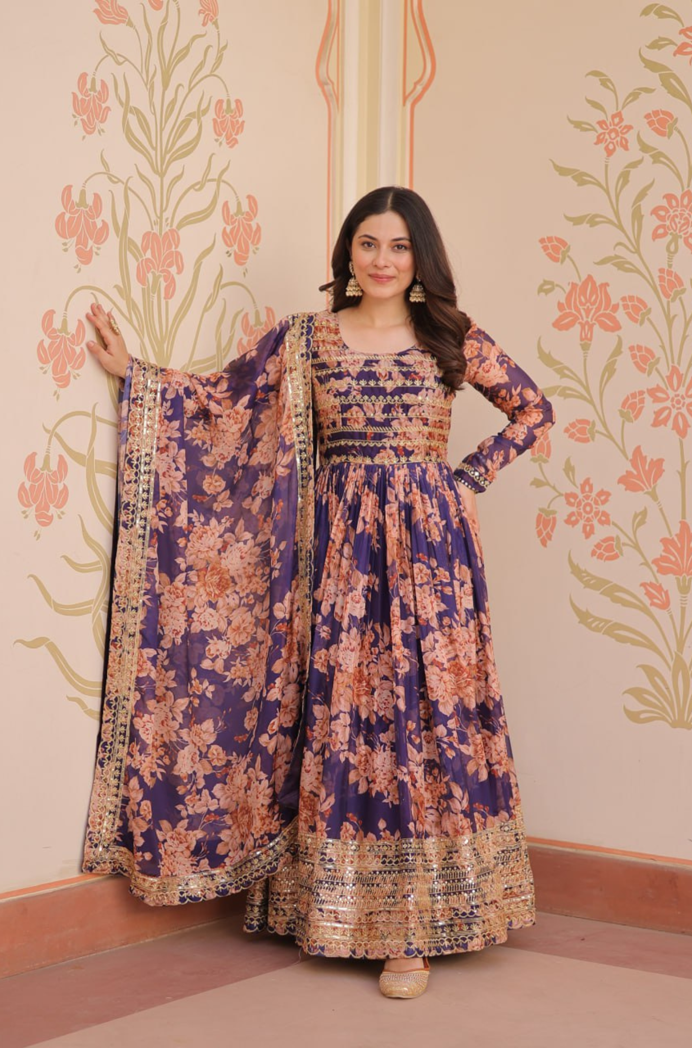Women's Designer Floral Anarkali Gown Dupatta Set
