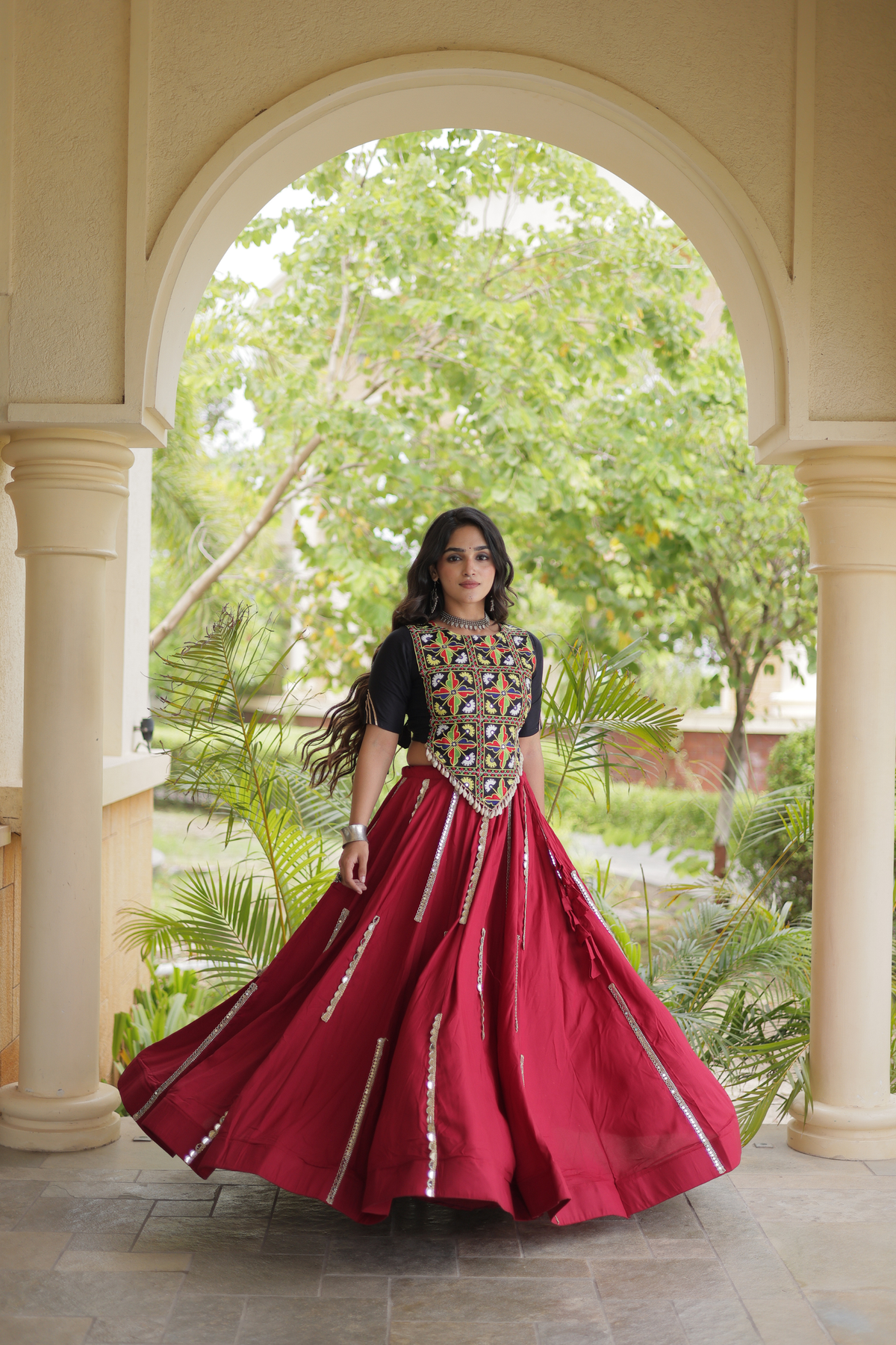 Designer Navratri Chaniya Choli with Embroidered Yoke & Mirror Work