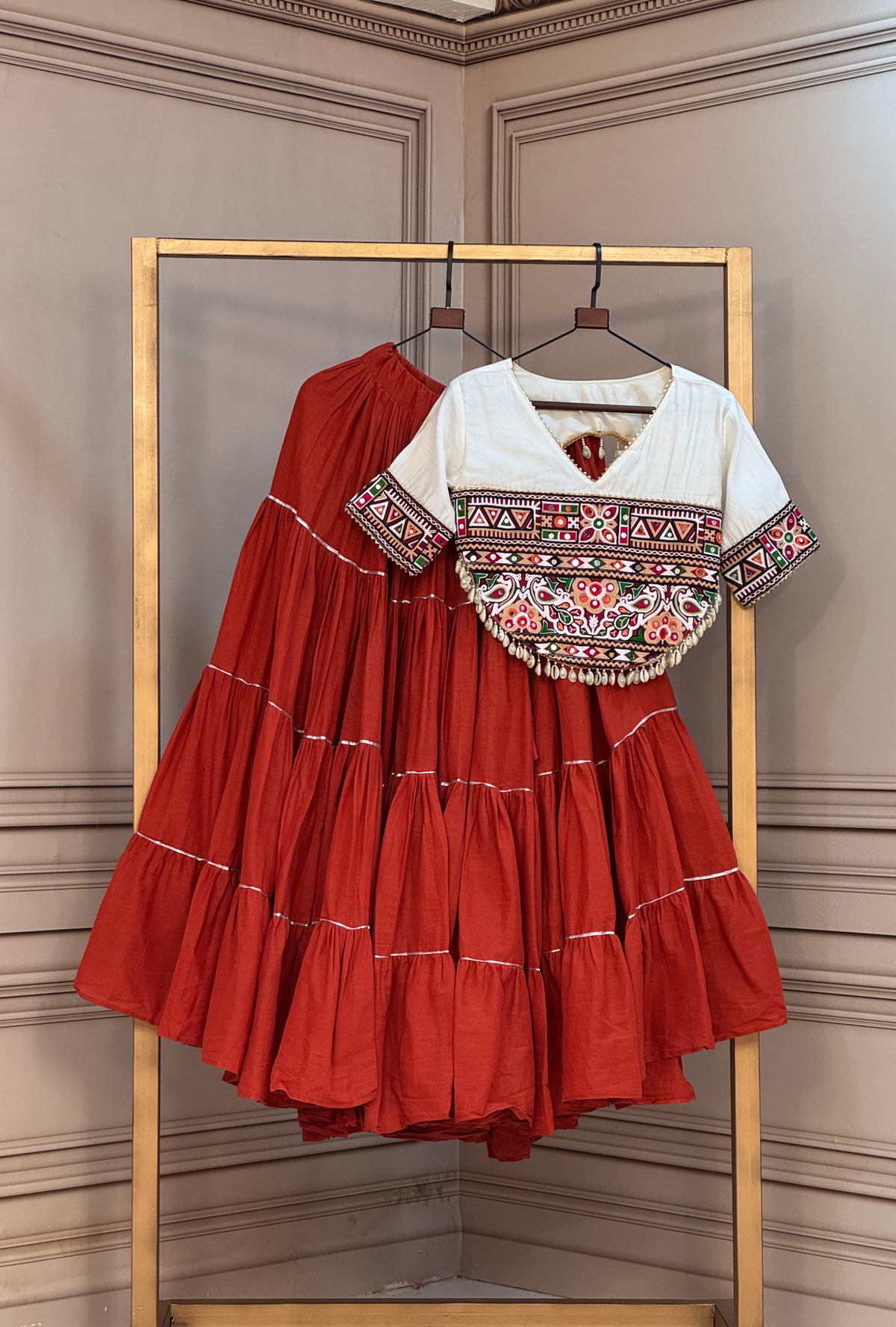 Premium Kutchi Embroidered Blouse with Gota Patti Lehenga Set
