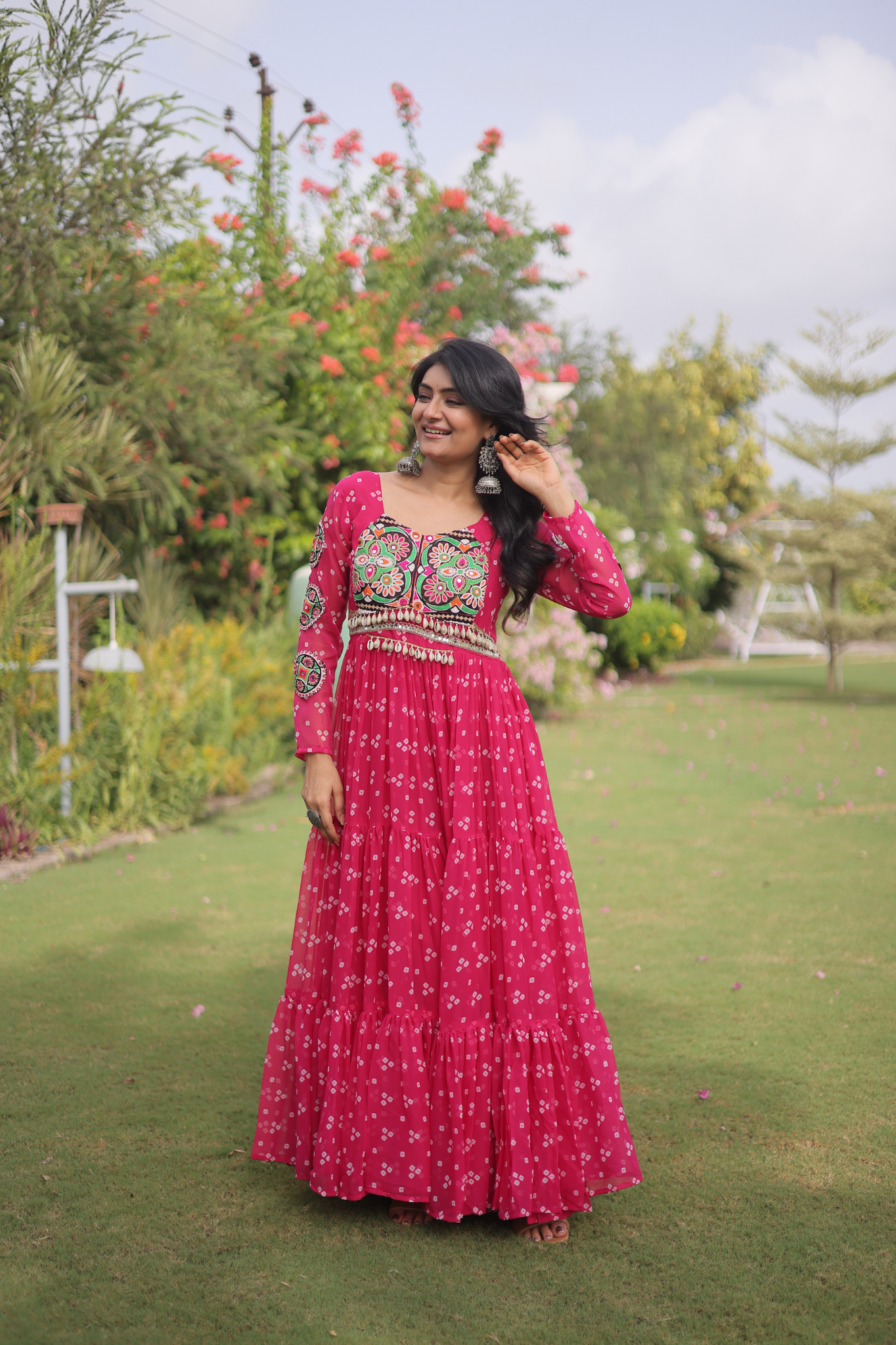 Women's Handcrafted Mirror Work Tiered Anarkali Gown