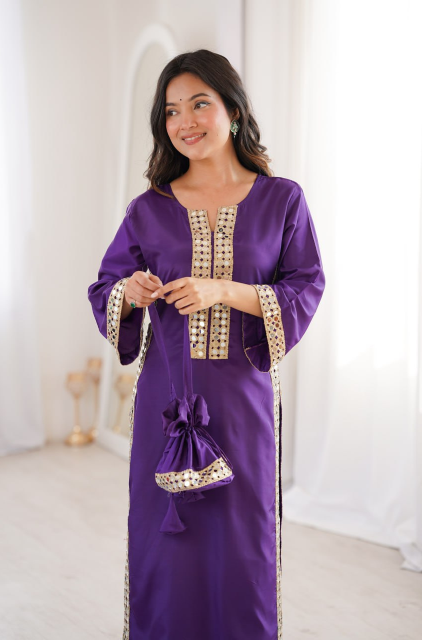 Women's Mirror Work Kurti Pant Set with Batwa Bag