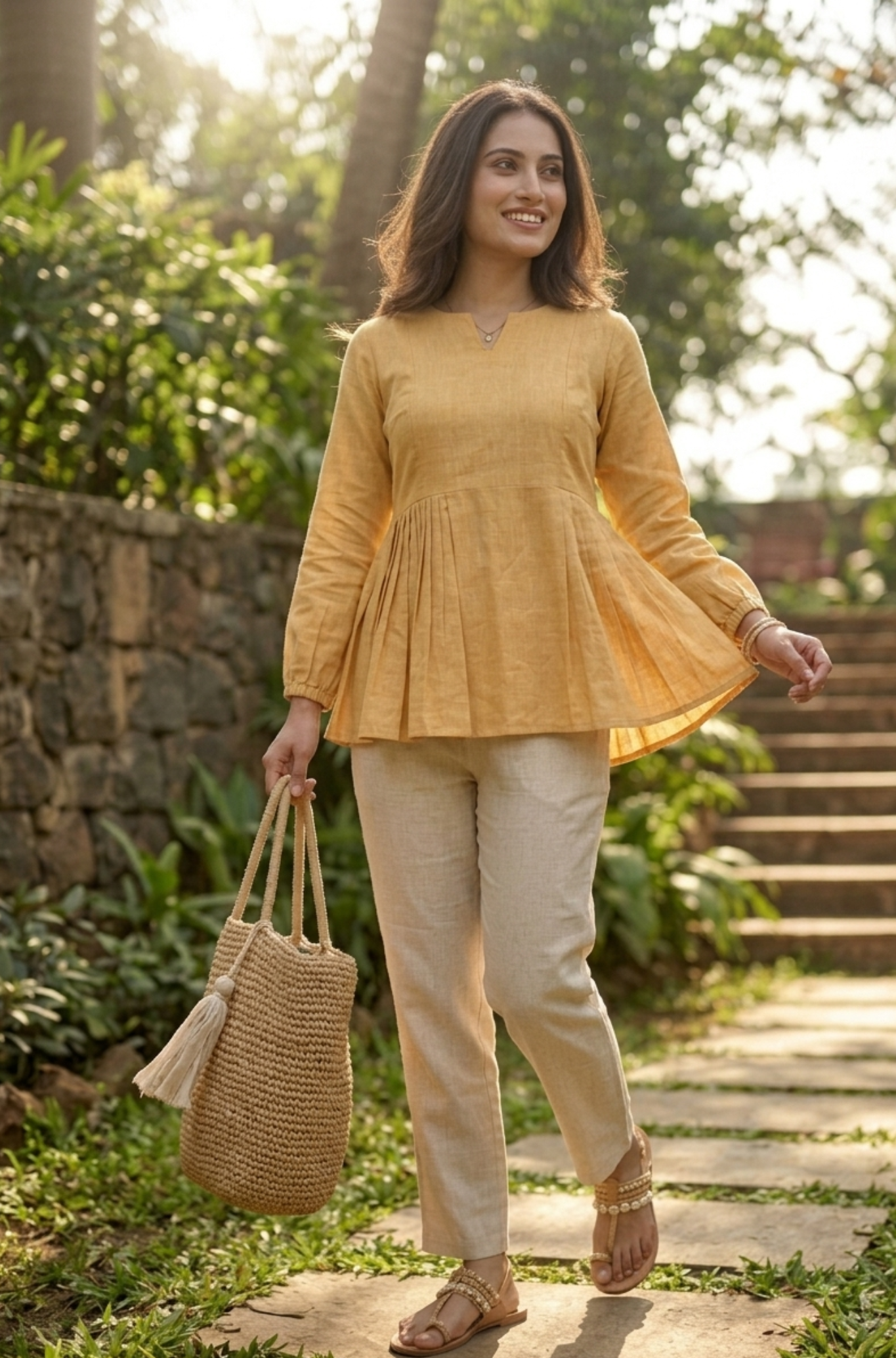 Women's Pleated Peplum Top with Straight Pants Co-Ord Set