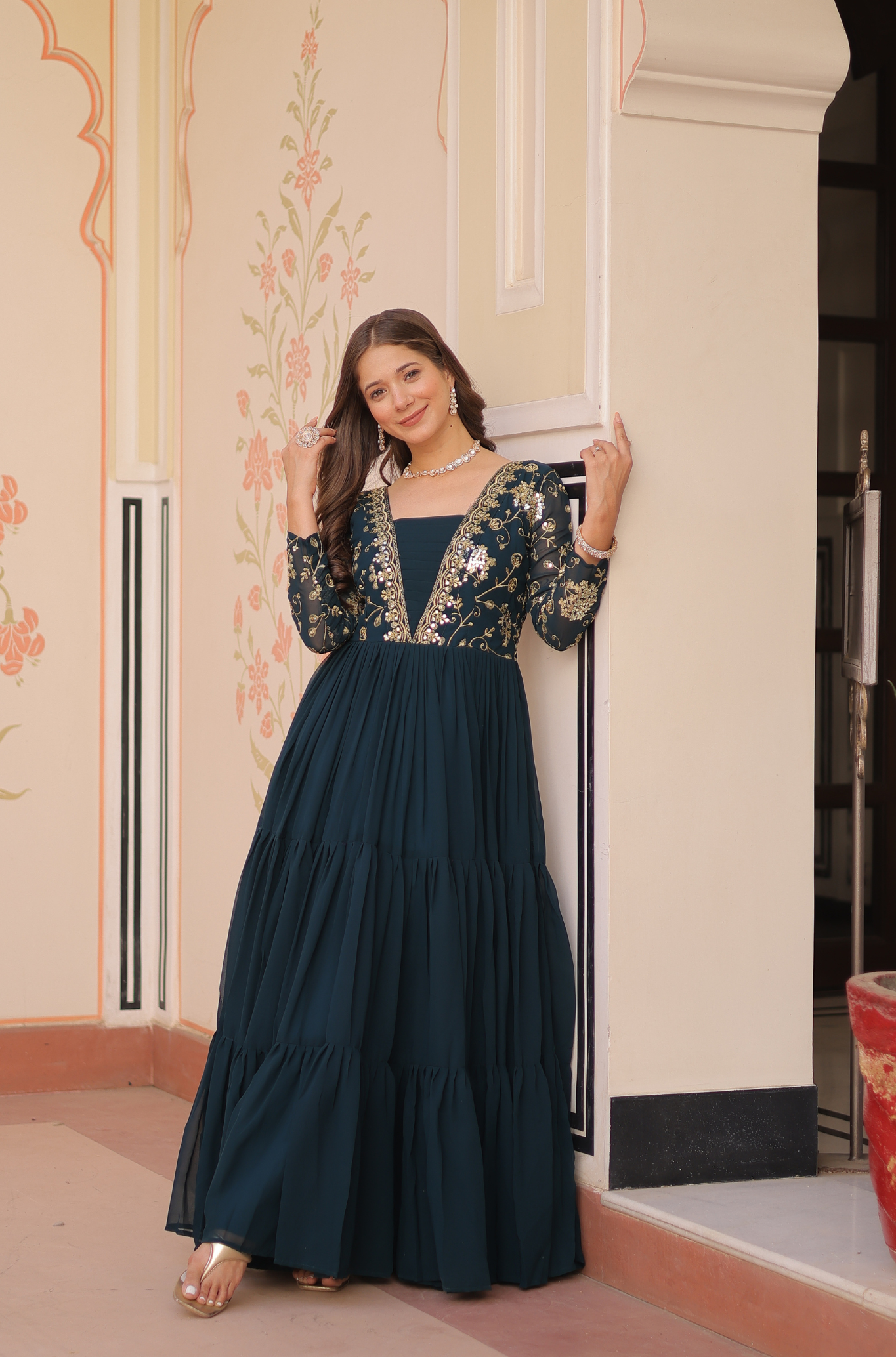 Women's Designer Embroidered Tiered Anarkali Gown