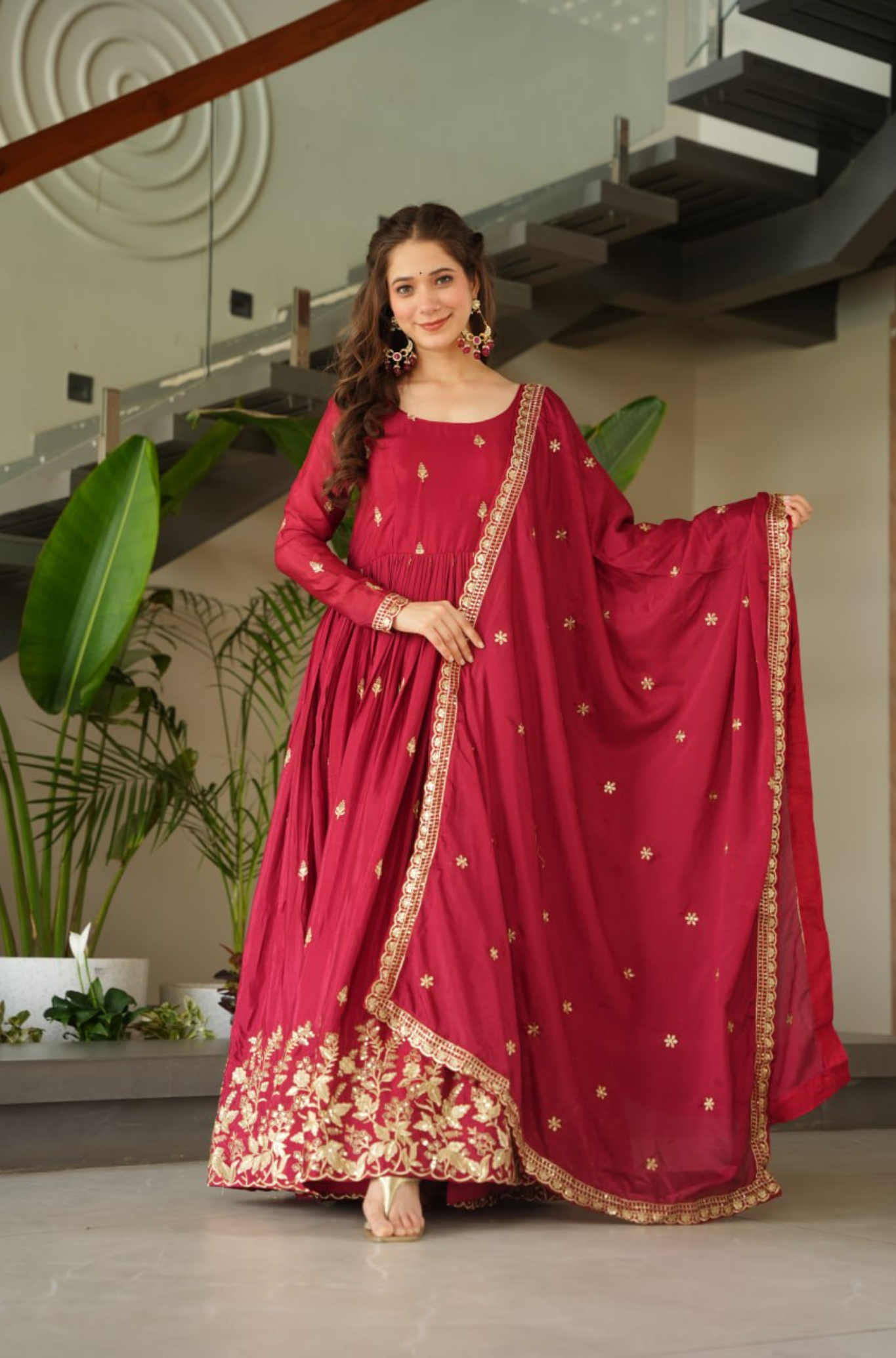 Women Traditional Embroidered Anarkali Gown Set With Designer Dupatta