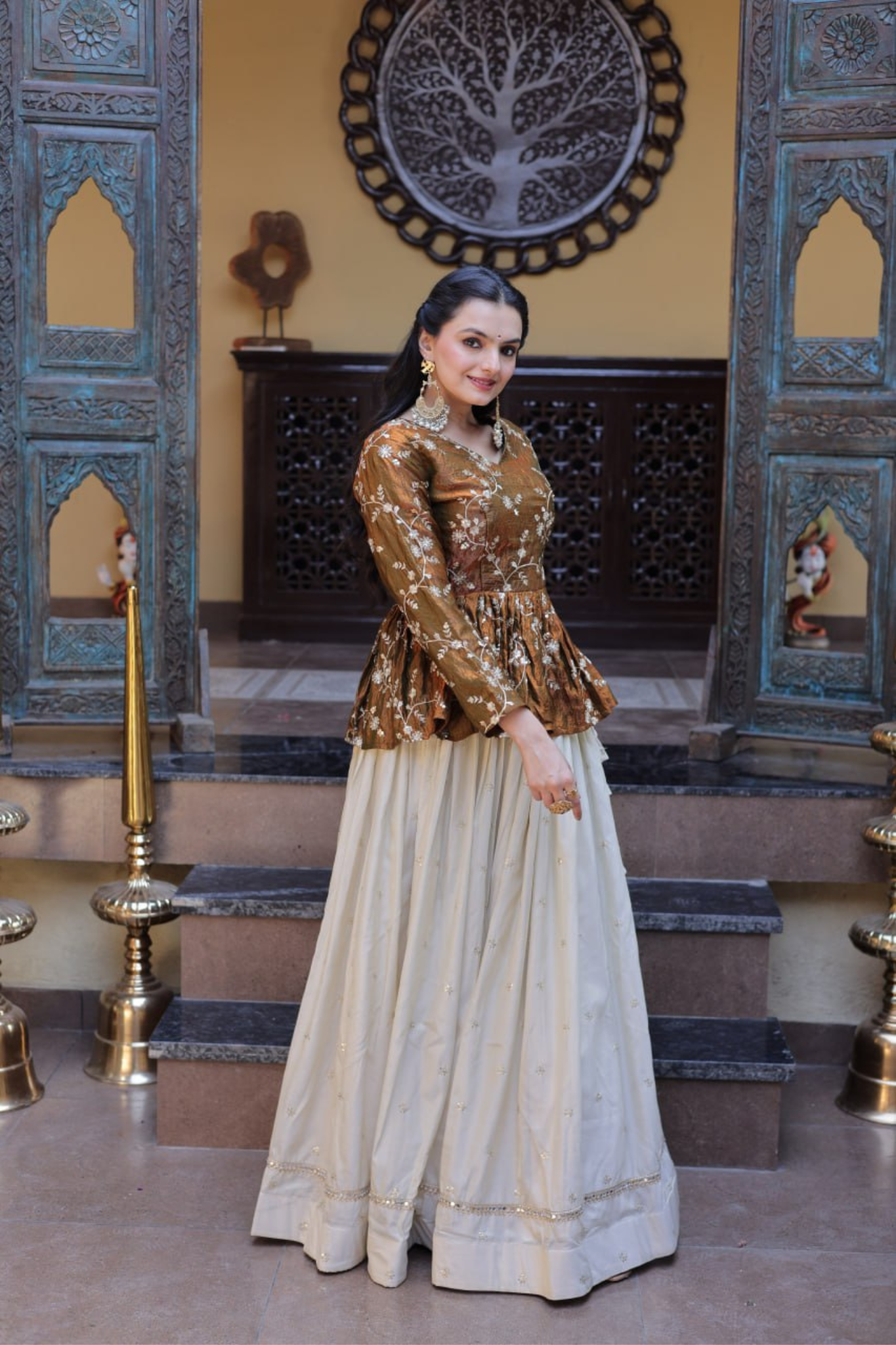 Women's Embroidered Peplum Top with Flared Skirt Set