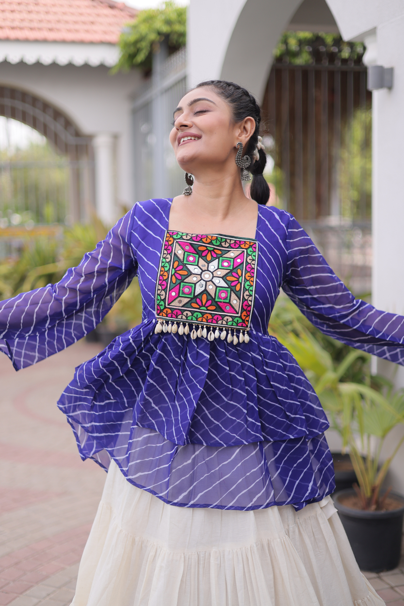 Women's Designer Kutchi Gamthi Peplum Top with Tiered Lehenga Skirt Set