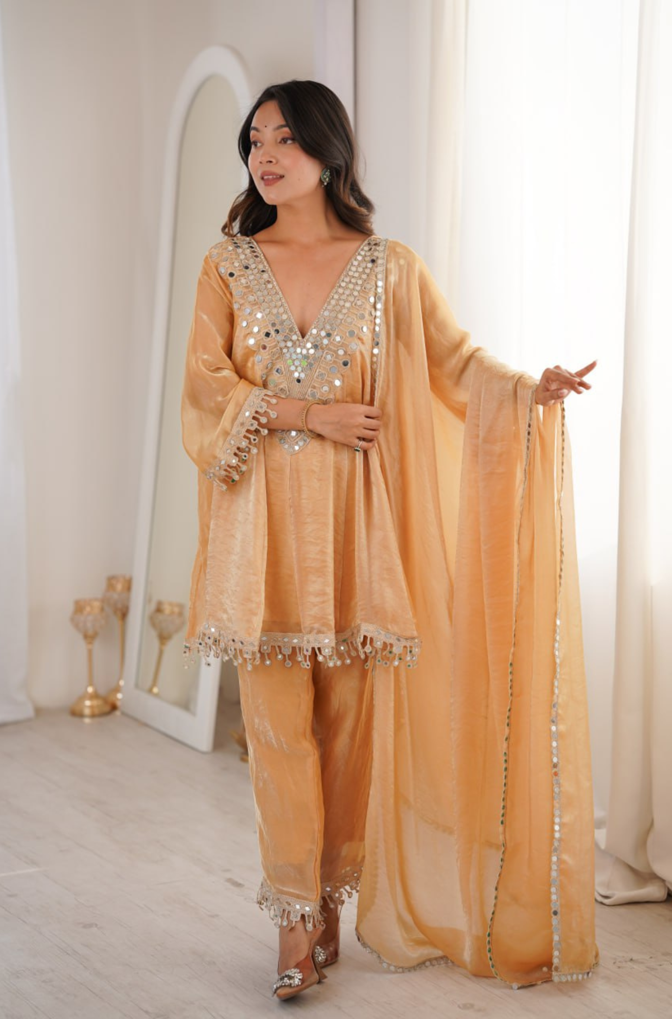 Women’s Mirror Work Kurta Pant Dupatta Set for Festive