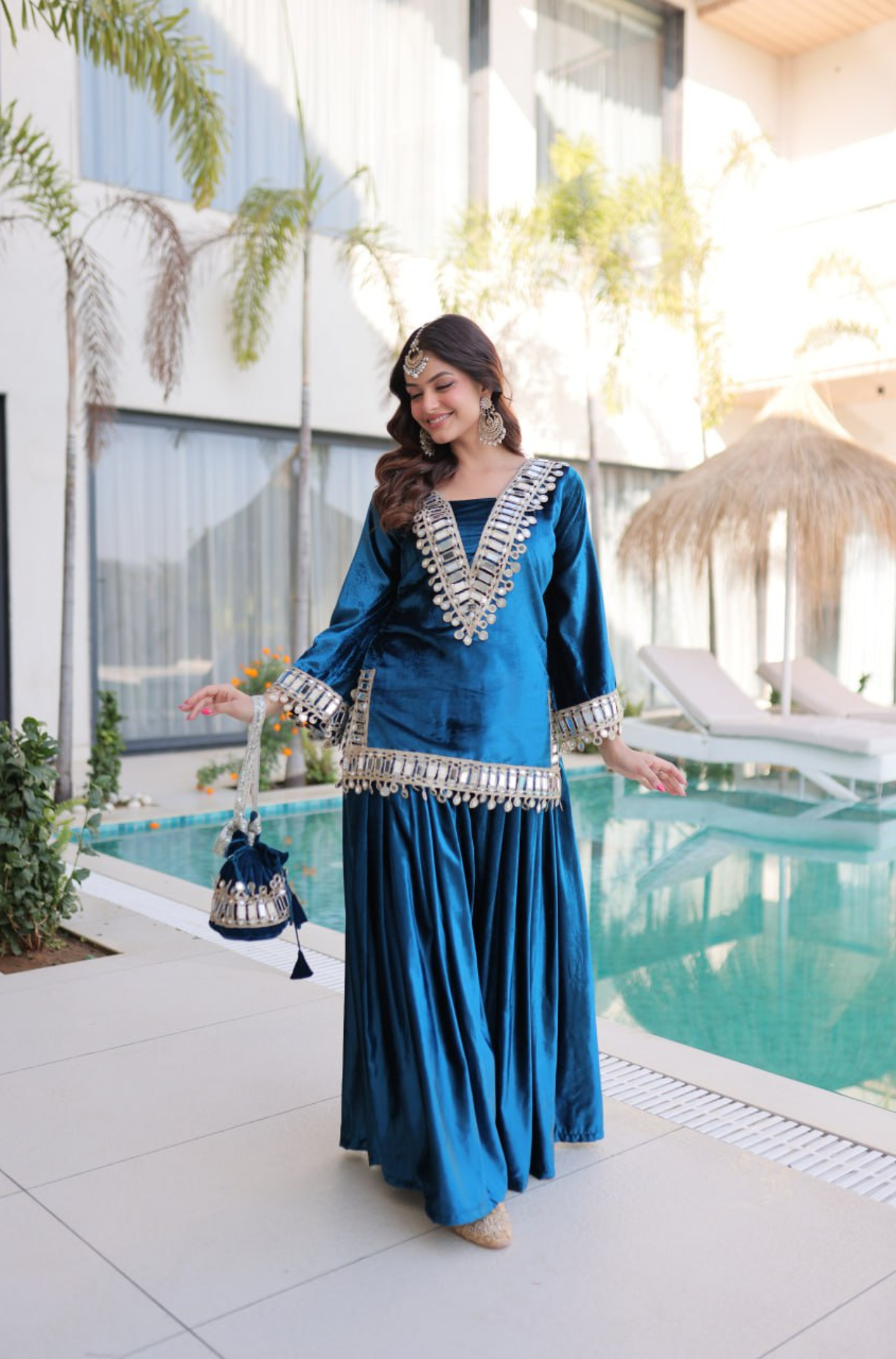 Velvet Mirror Work Kurti Palazzo Set with Batwa