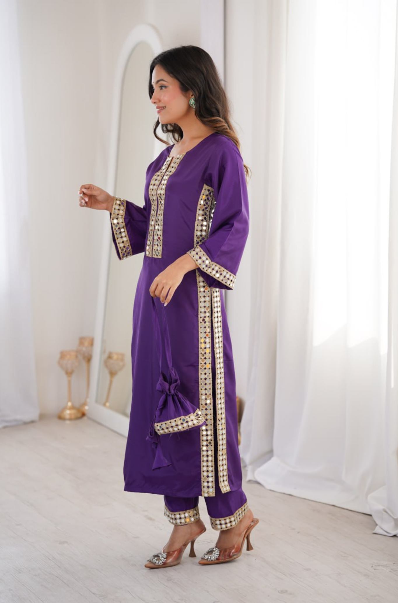 Women's Mirror Work Kurti Pant Set with Batwa Bag
