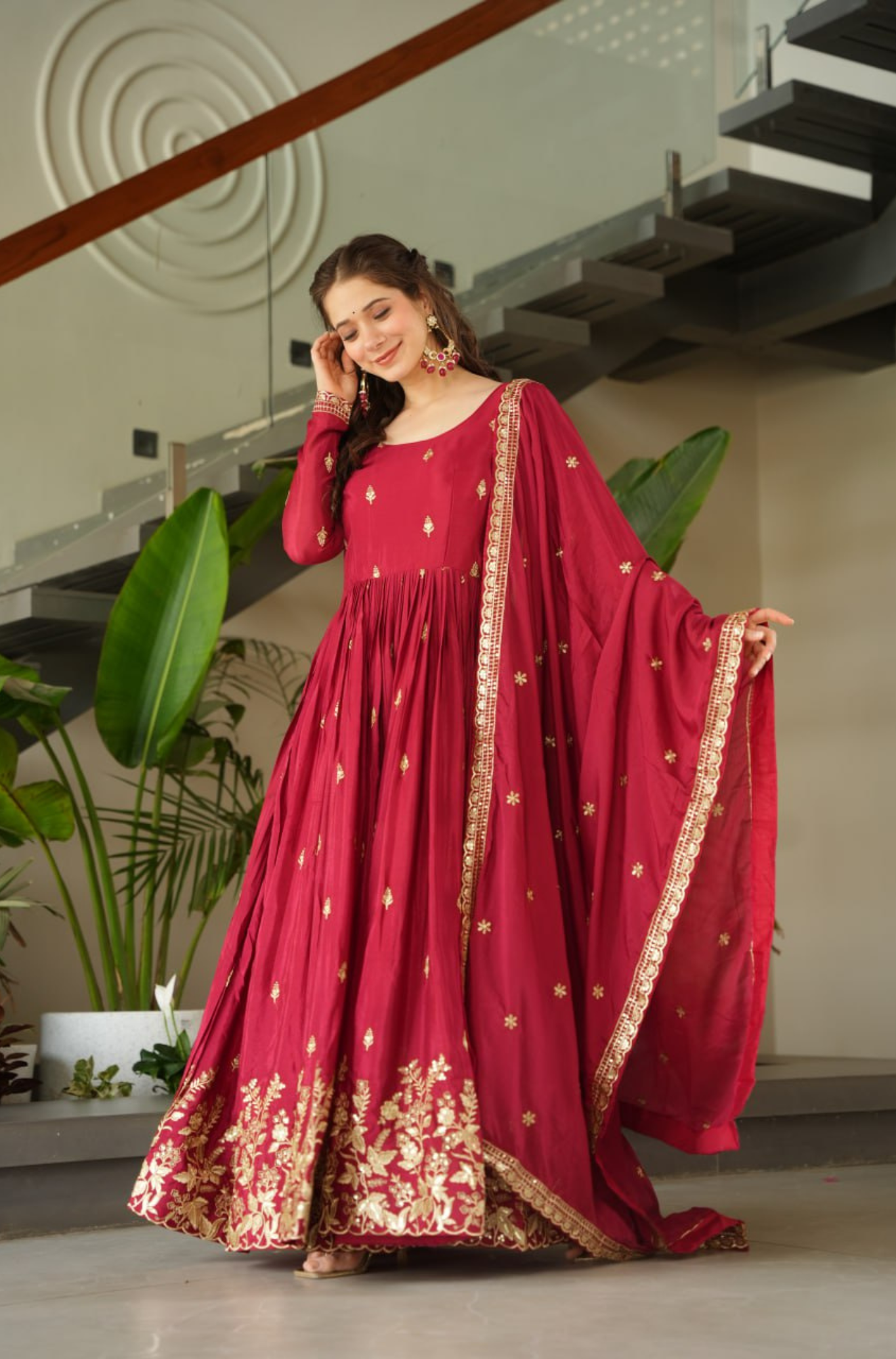 Women Traditional Embroidered Anarkali Gown Set With Designer Dupatta
