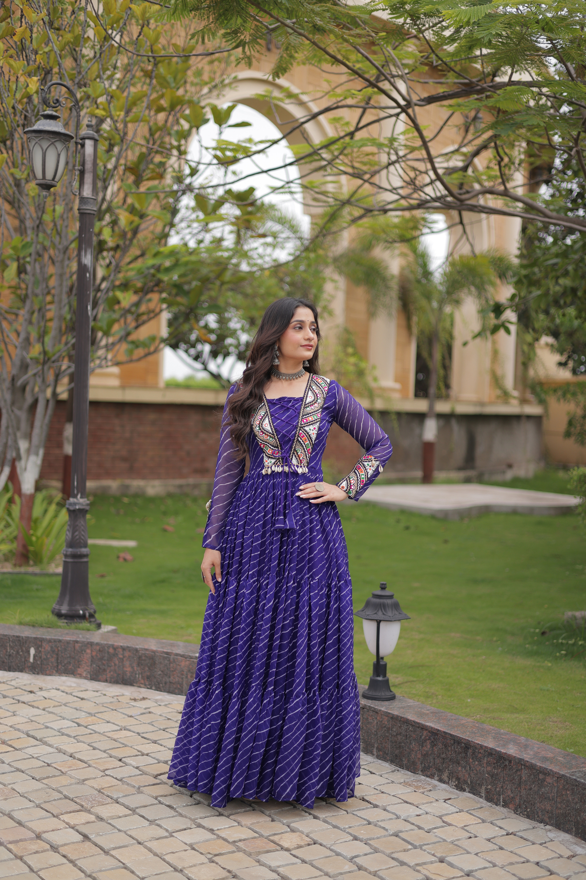 Designer Printed Anarkali Gown with Embroidered Yoke & Flared Skirt