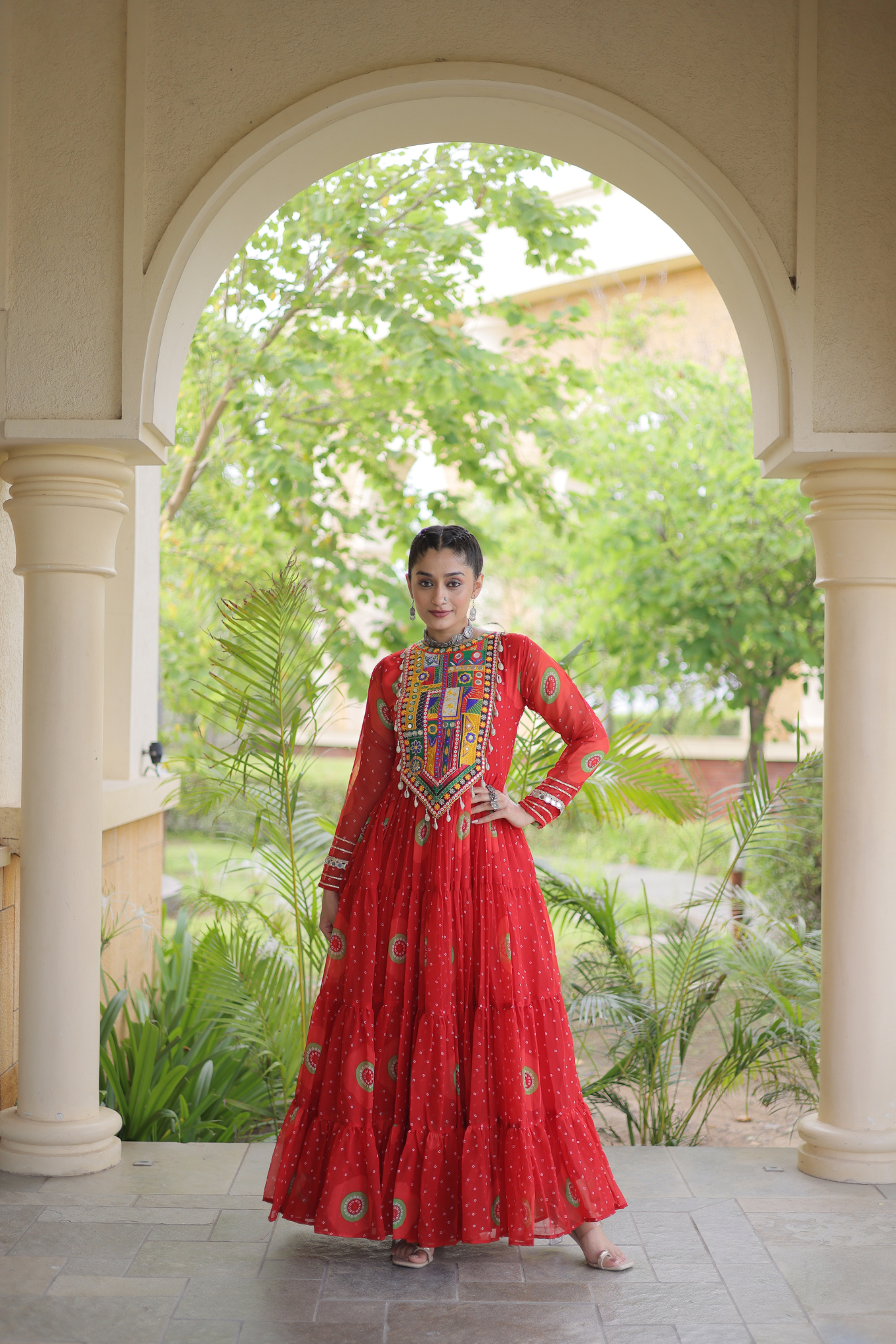 Women's Designer Kutchi Gamthi Embroidered Tiered Anarkali Gown with Mirror Work