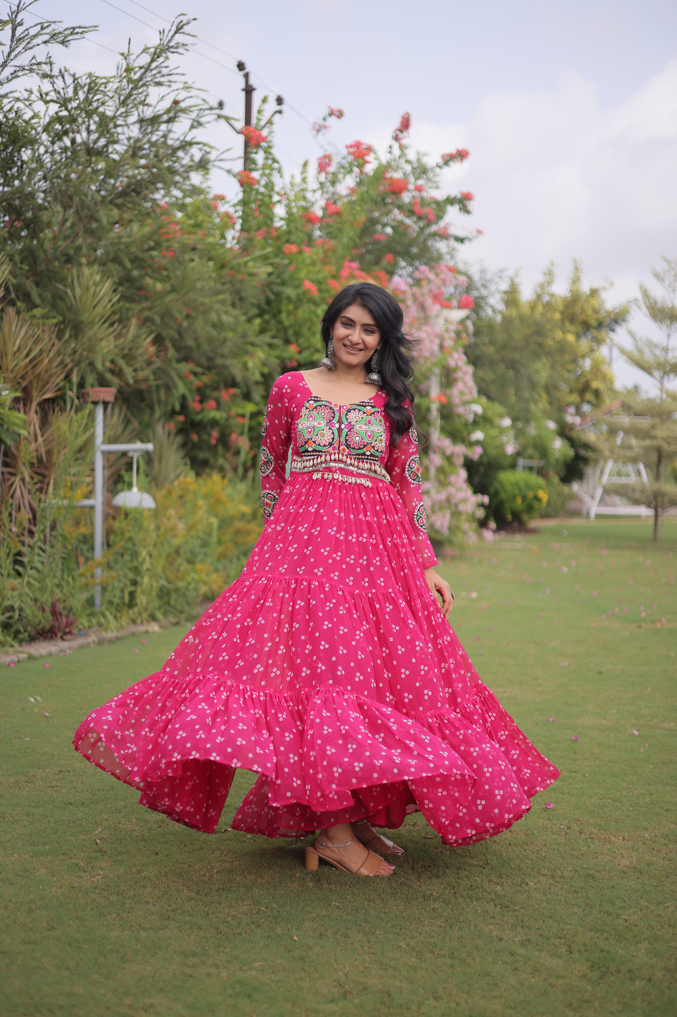 Women's Handcrafted Mirror Work Tiered Anarkali Gown