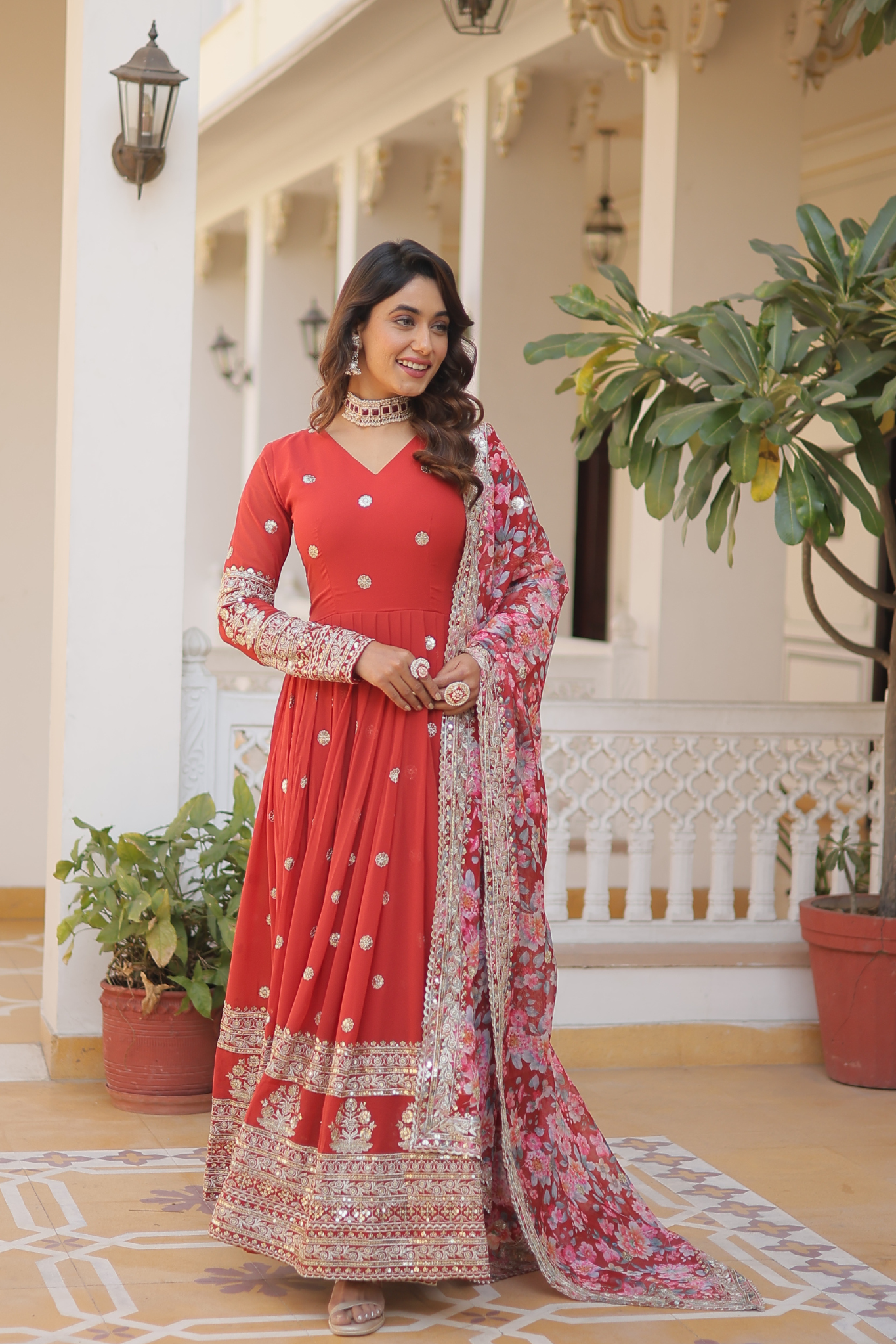 Women's Designer Sequins Embroidered Anarkali Gown with Floral Printed Dupatta