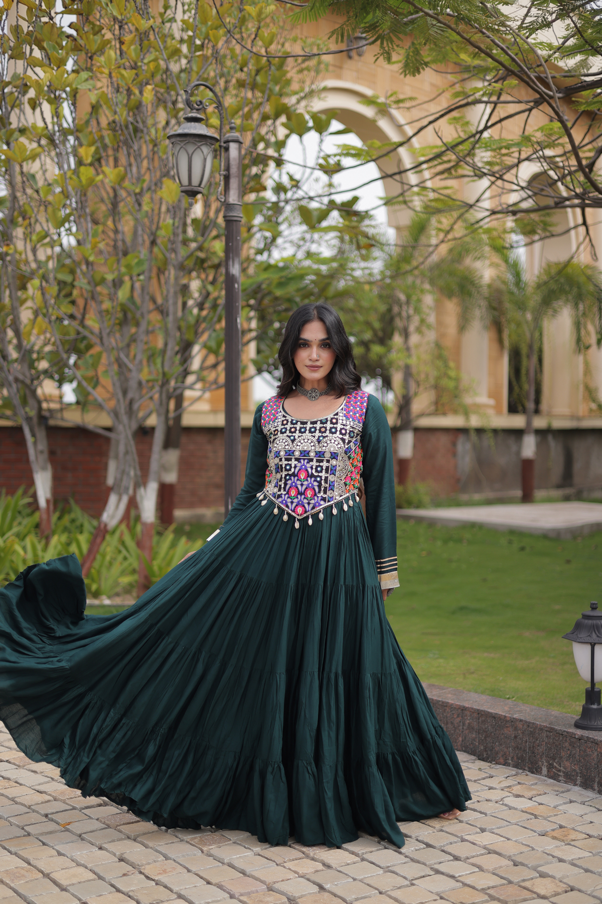 Designer Embroidered Koti Gown with Mirror Work & Flared Skirt