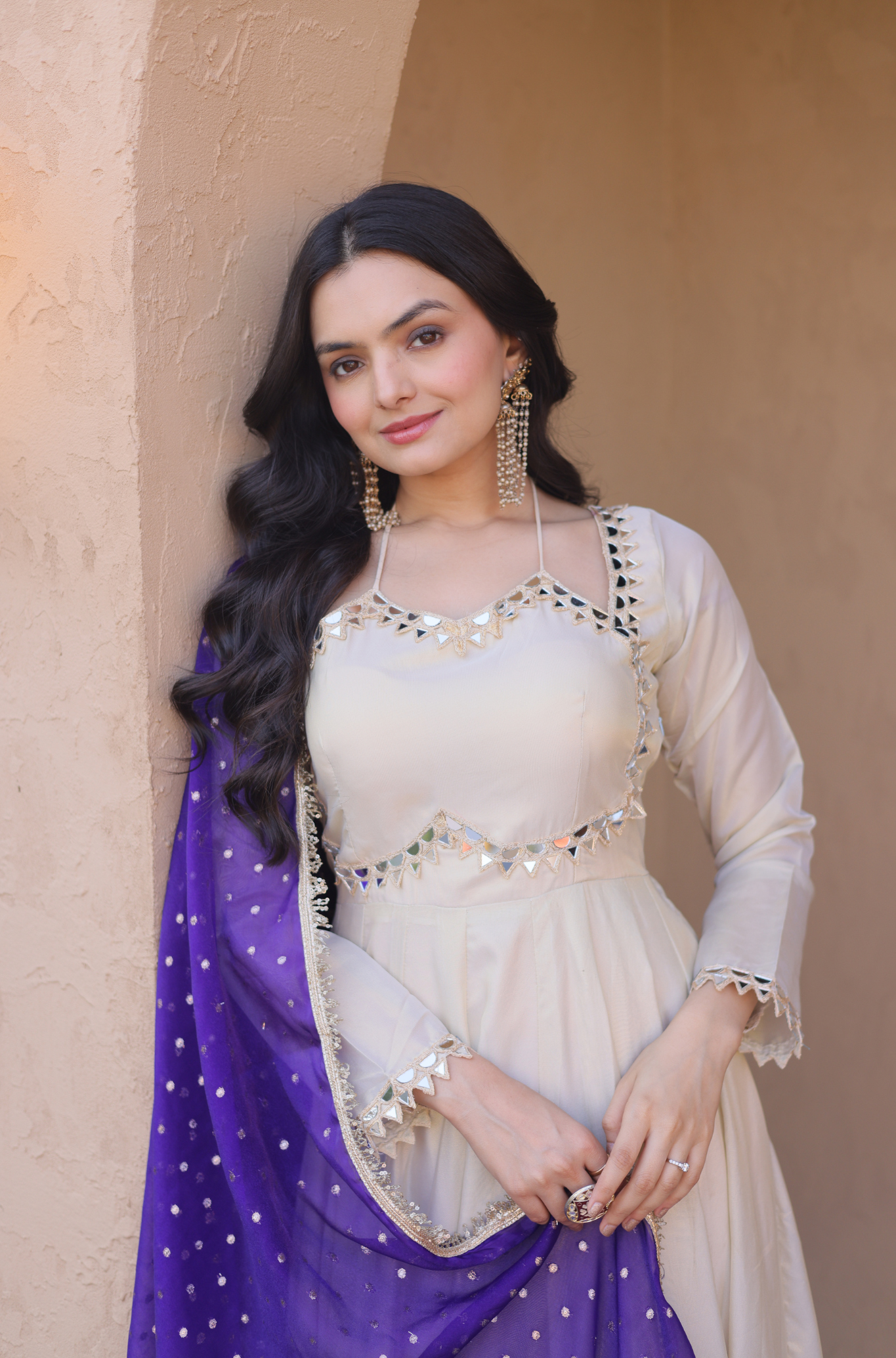 Women Mirror Work Anarkali Gown with Contrast Dupatta