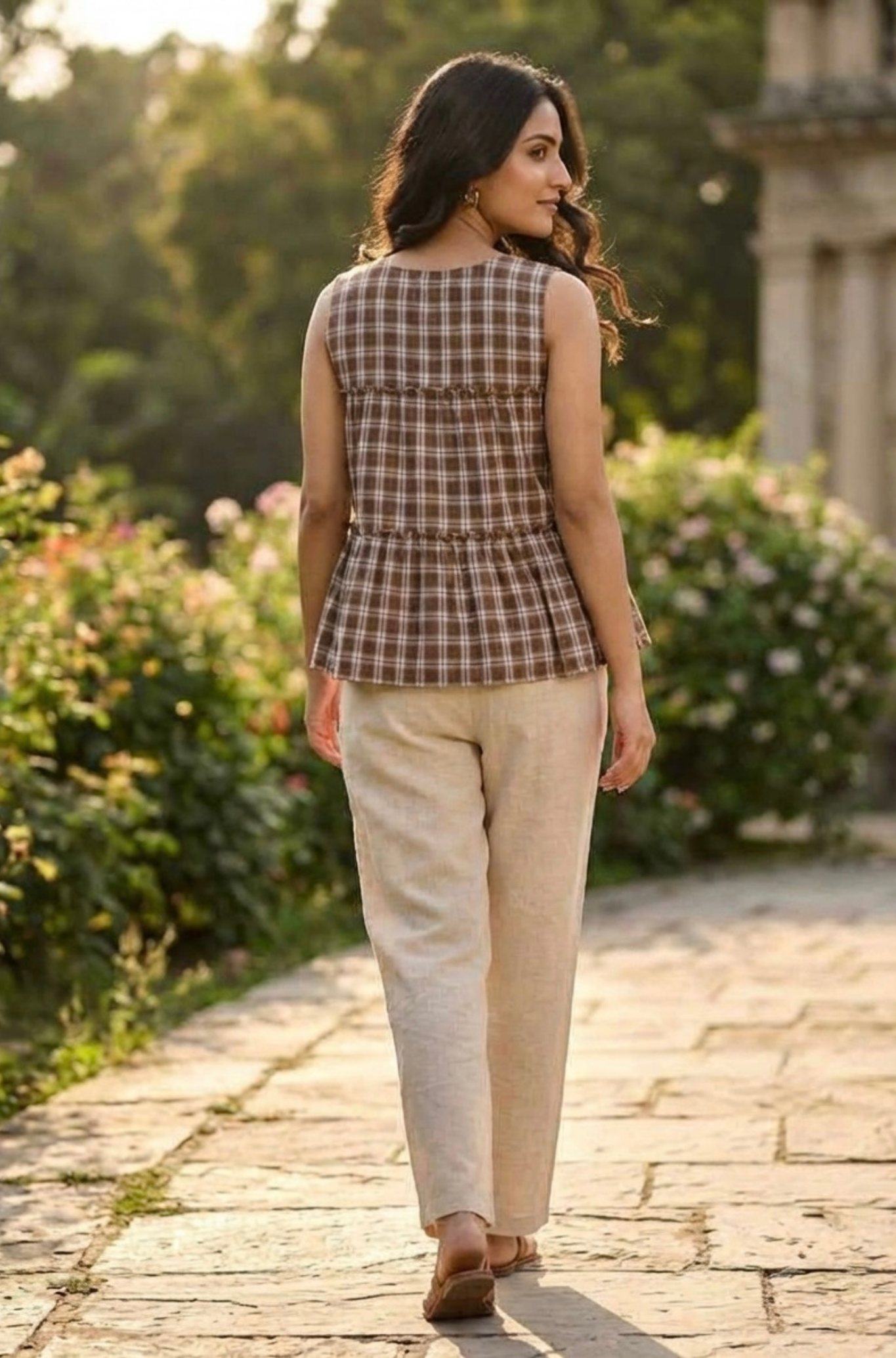 Women Sleeveless Checked Cotton Peplum Top with Straight Pant Co-Ord Set