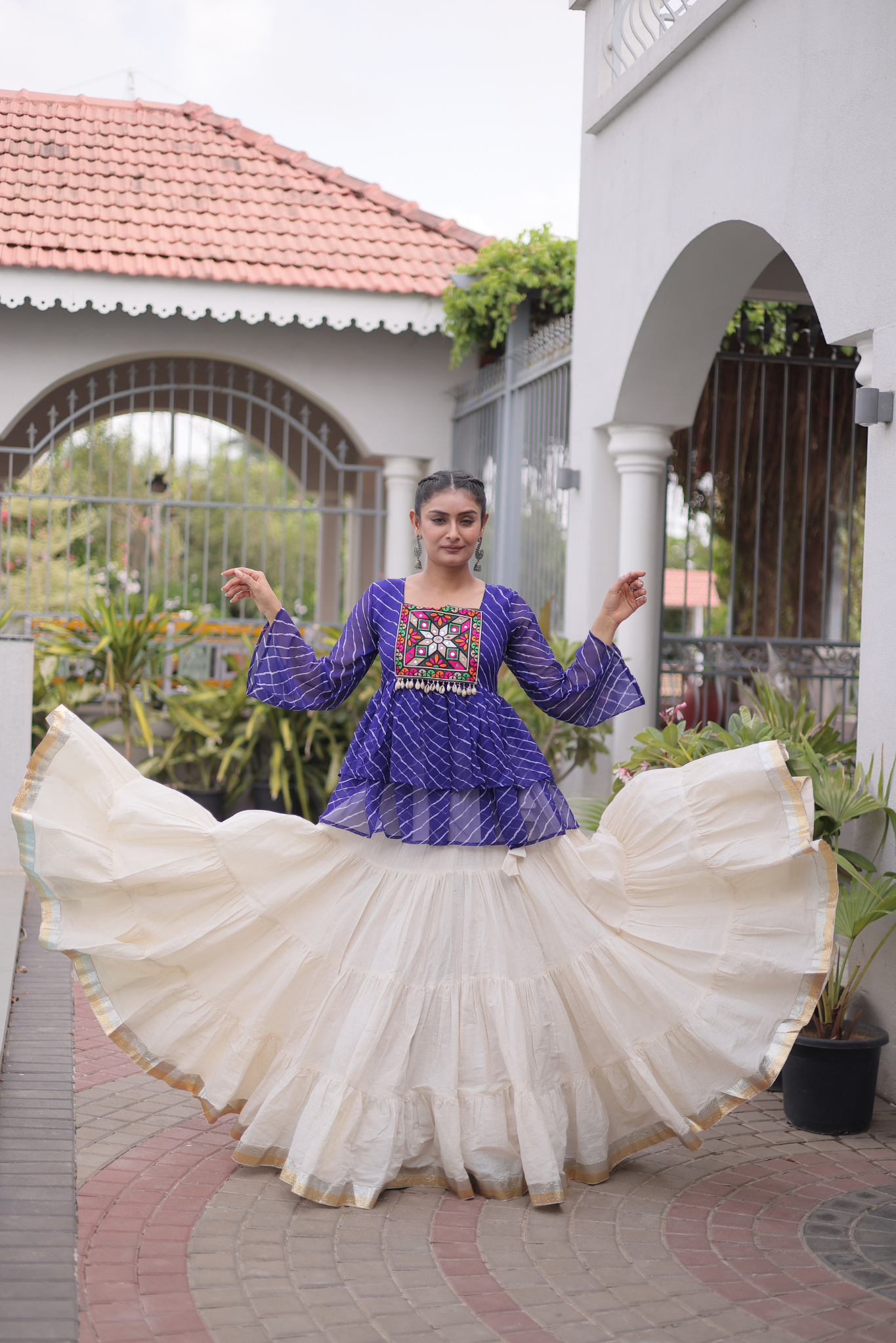 Women's Designer Kutchi Gamthi Peplum Top with Tiered Lehenga Skirt Set