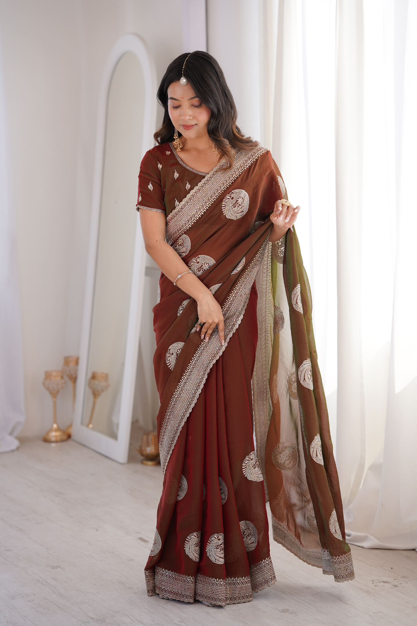 Women Organza Saree with Silver Zari Embroidery Border