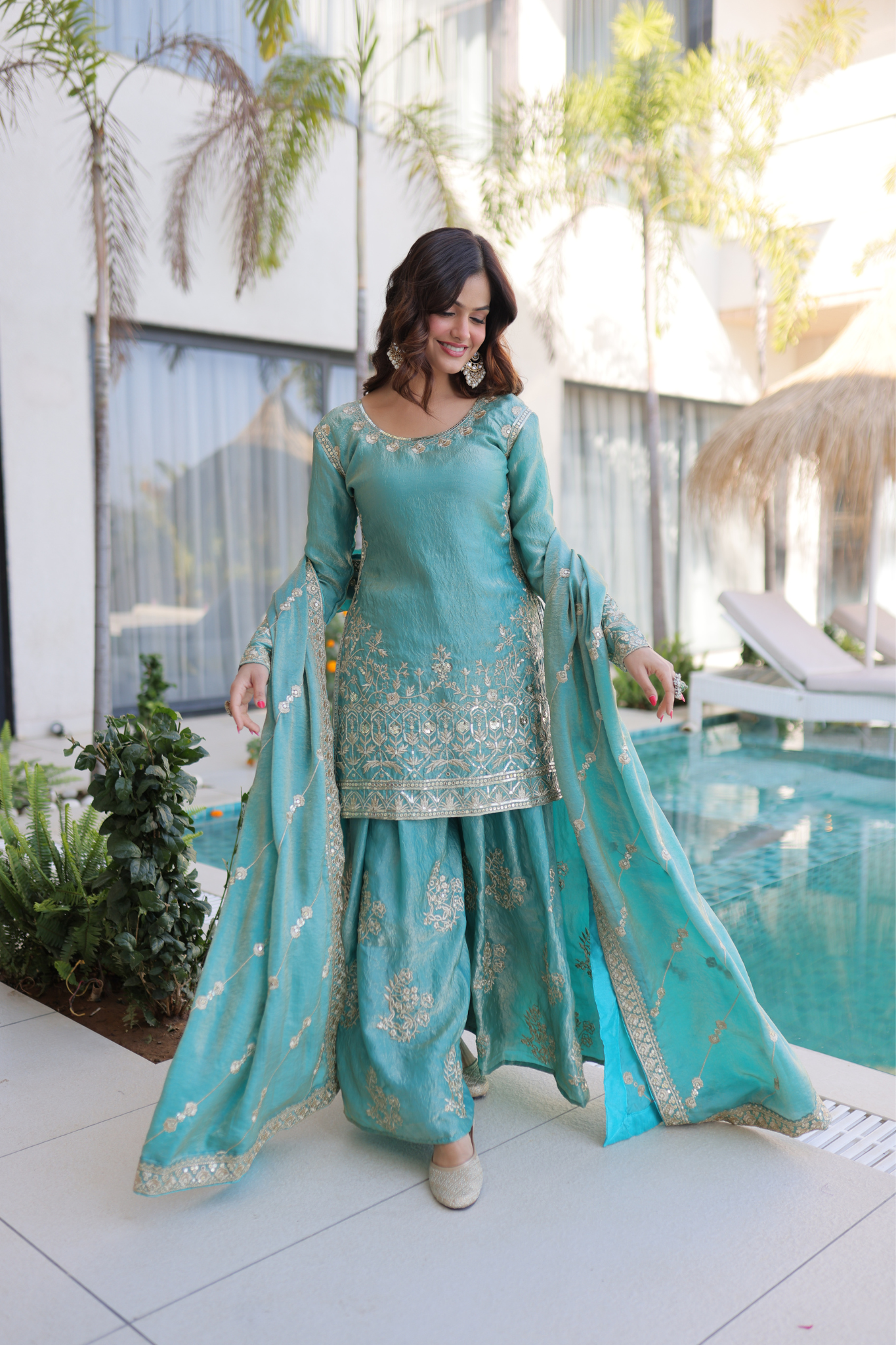 Women Embroidered Kurta Sharara Set with Dupatta