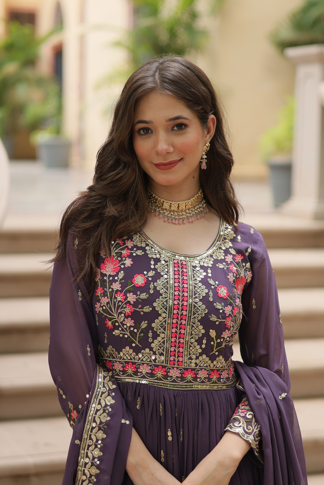 Women's Designer Floral Embroidered Anarkali Gown with Dupatta