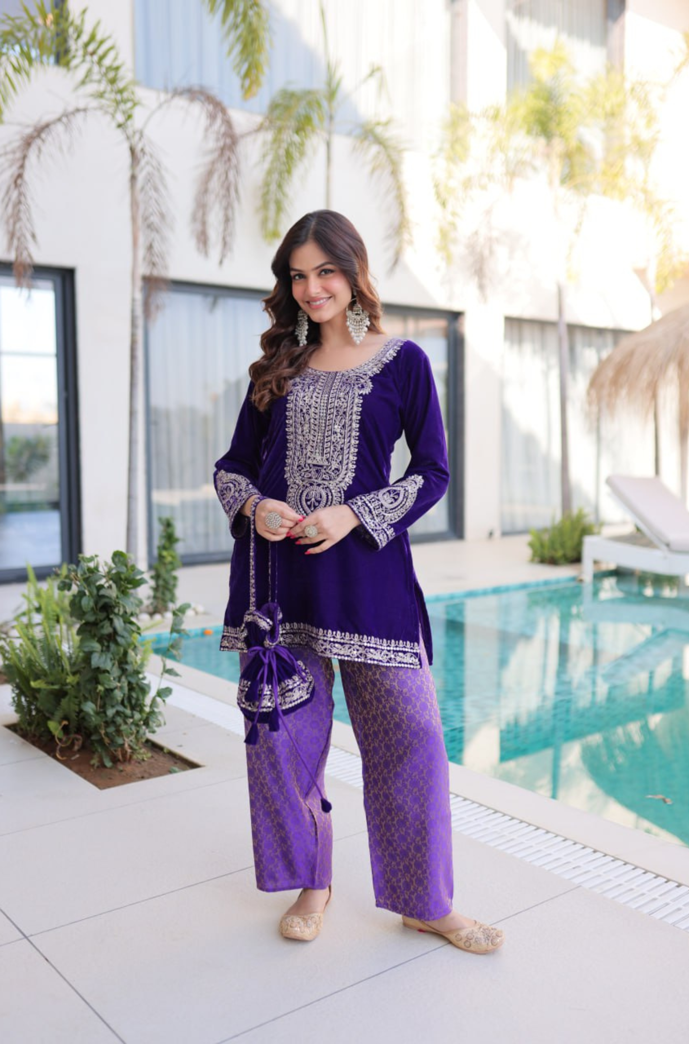 Designer Velvet Kurti Palazzo Set with Potli Bag for Women