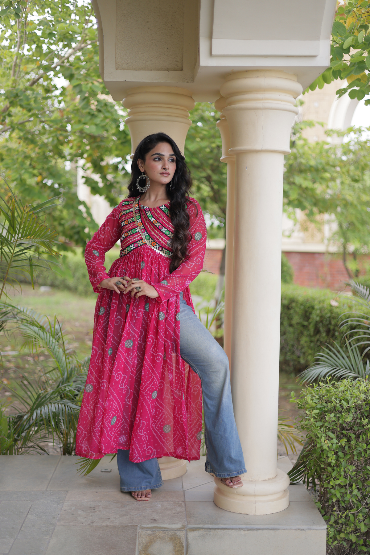 Women’s Long Anarkali Kurti with Ethnic Print & Embroidery