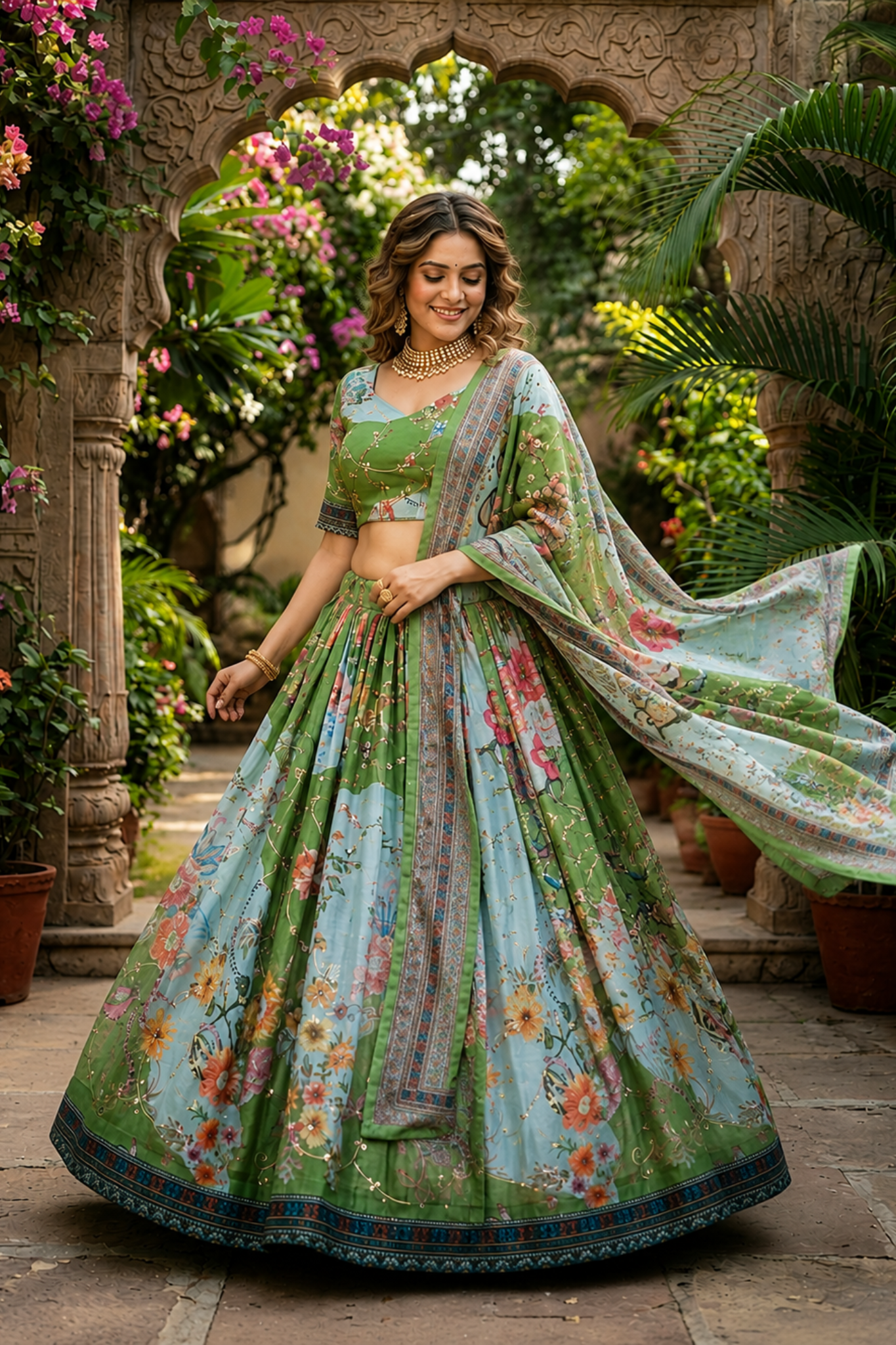 Premium Floral Printed Organza Lehenga Choli with Dupatta
