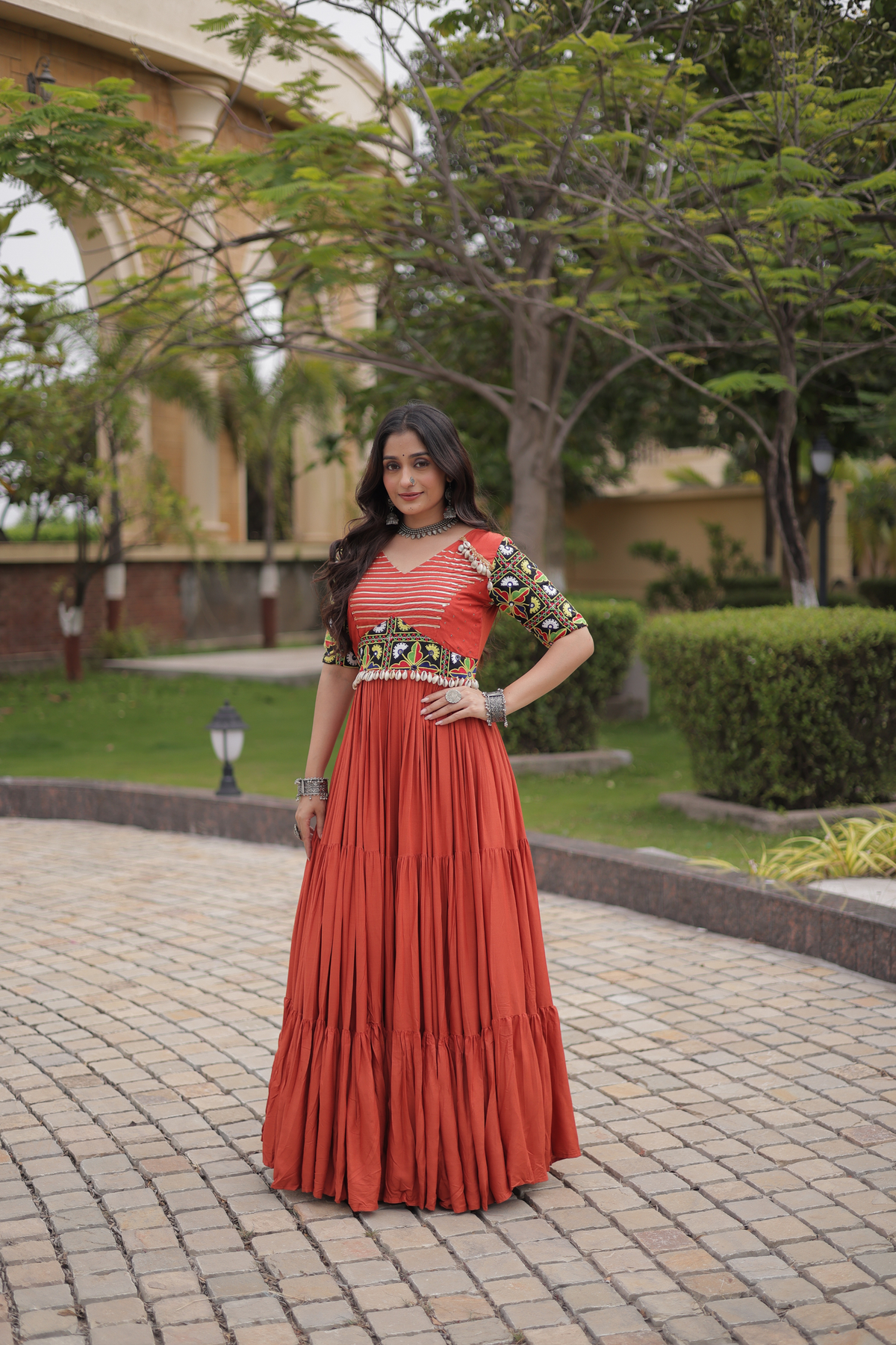 Designer Anarkali Gown with Kutchi Embroidered Yoke & Flared Skirt