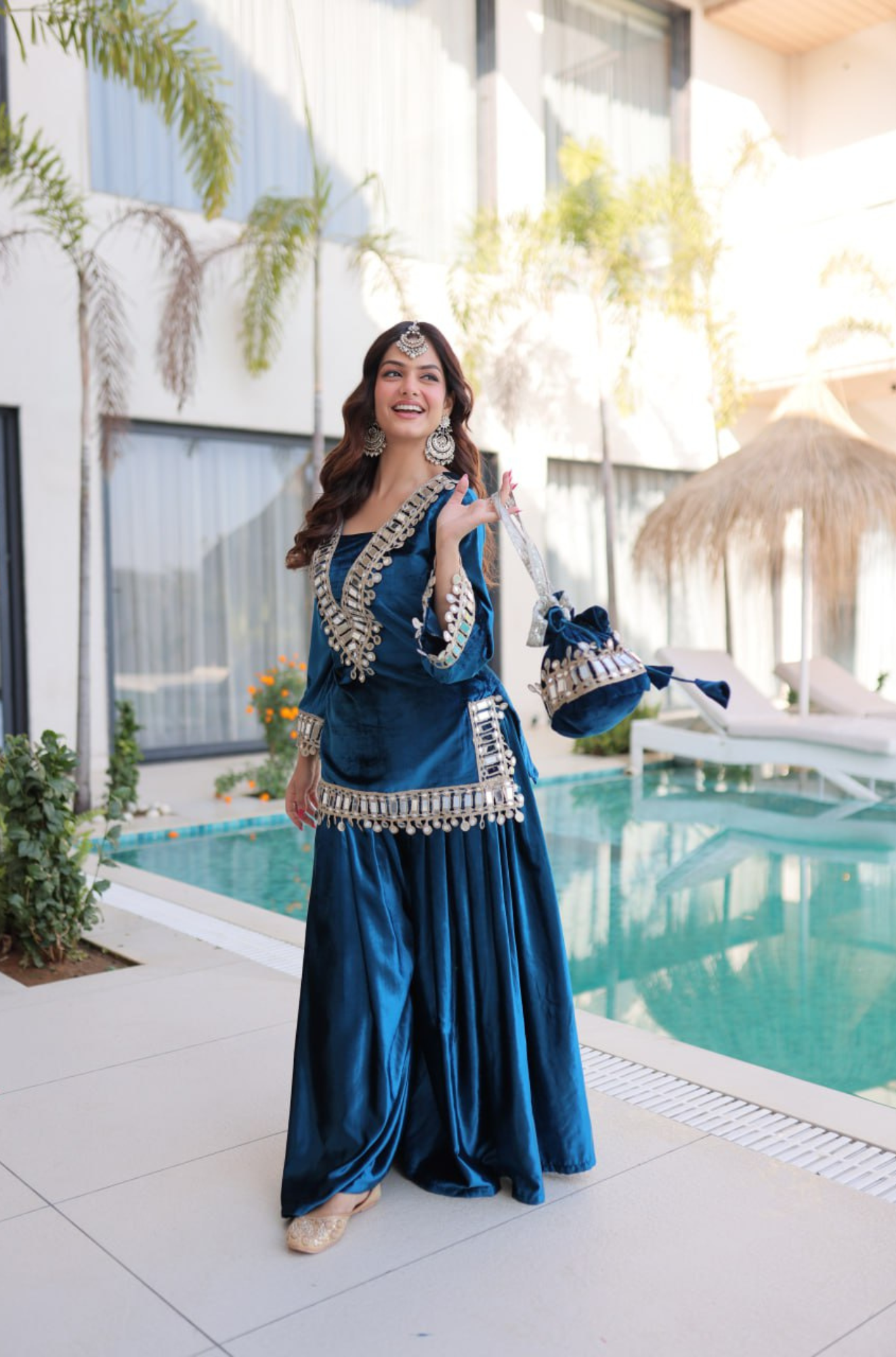 Velvet Mirror Work Kurti Palazzo Set with Batwa