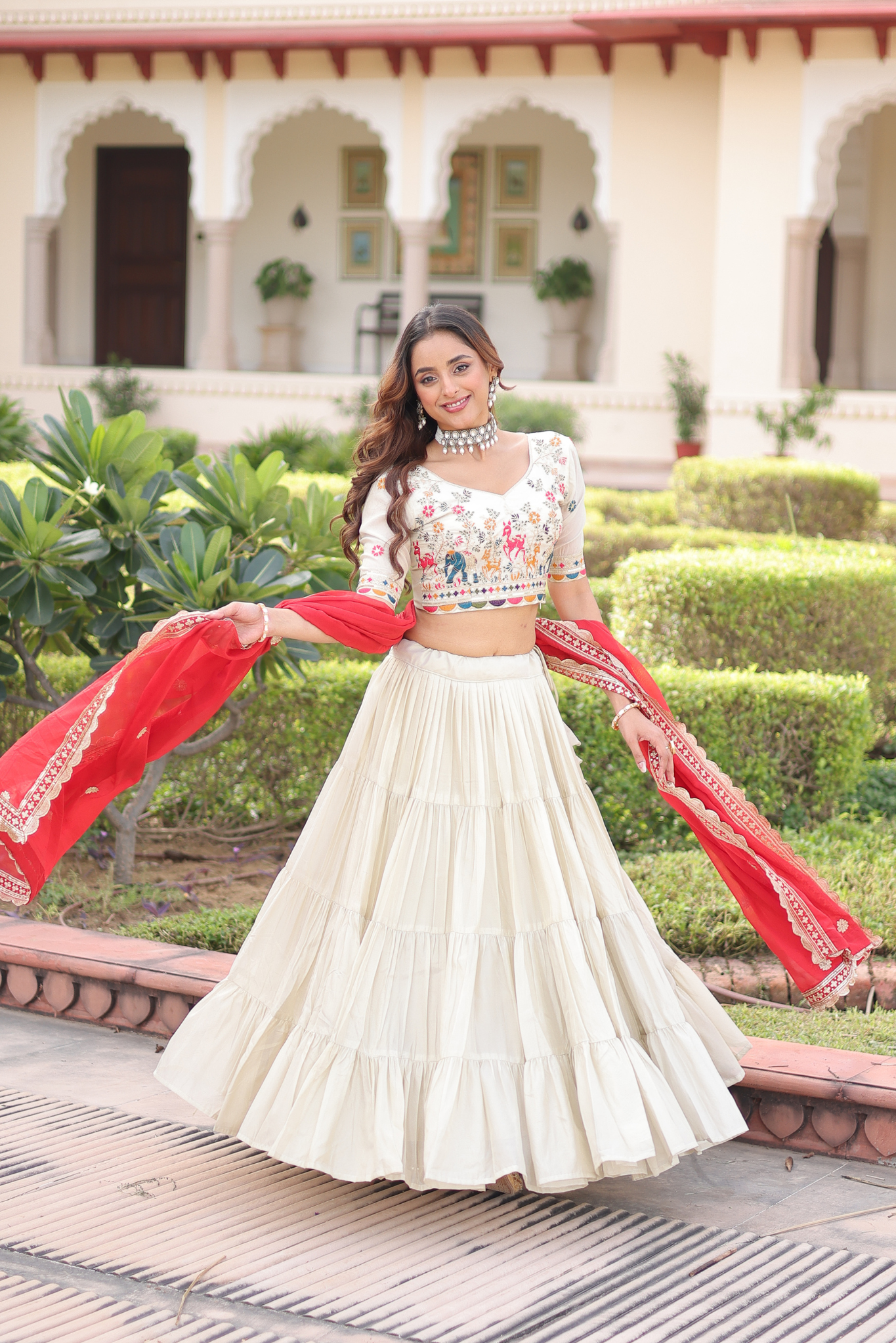 Women's Ivory Embroidered Lehenga Choli with Dupatta Lehenga Set