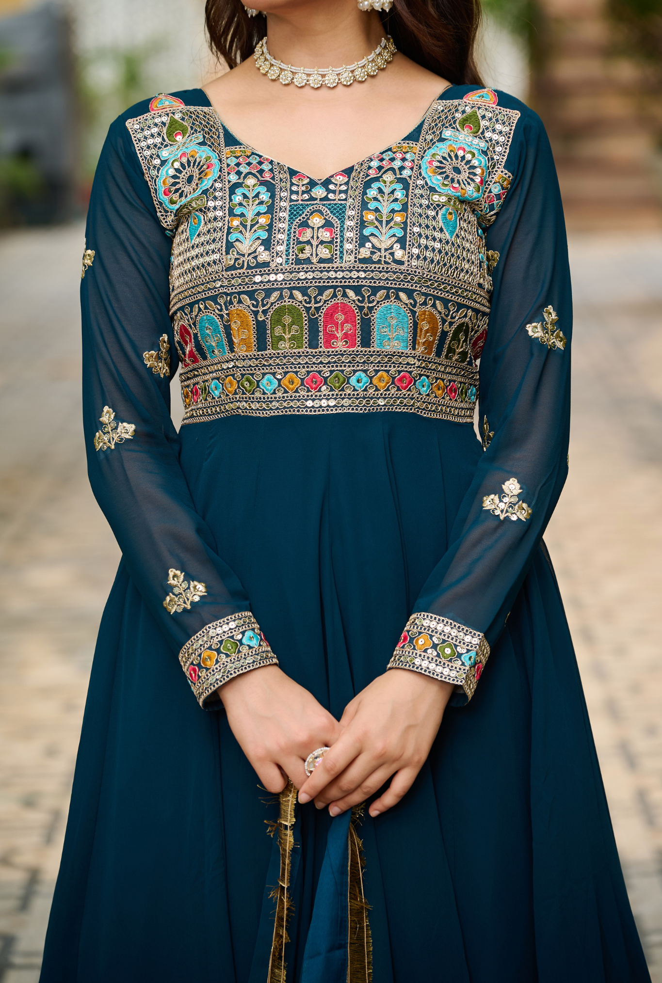 Women's Designer Embroidered Anarkali Gown Set with Dupatta