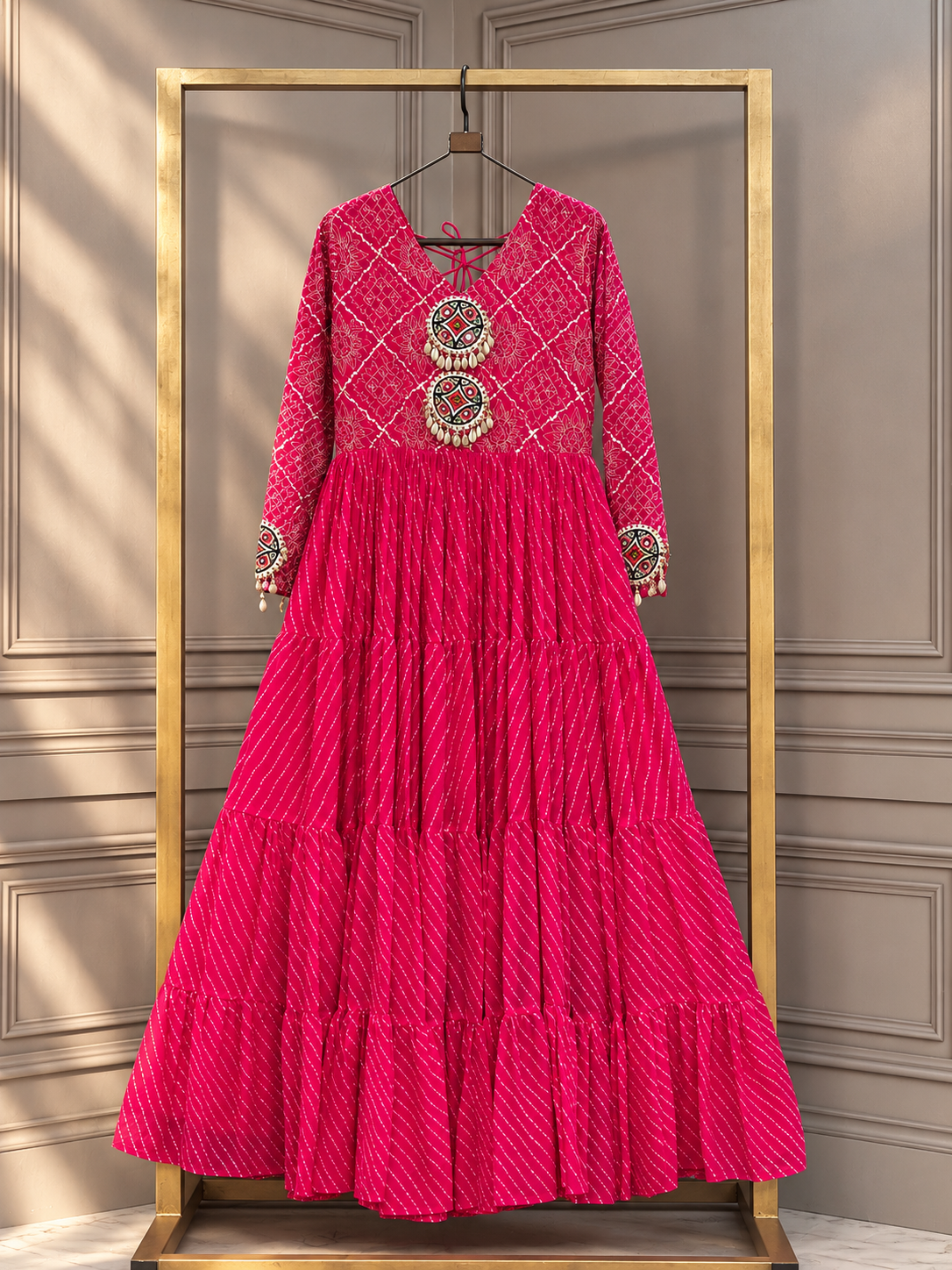 Designer Bandhani Printed Tiered Gown with Embellished Yoke & Sleeves