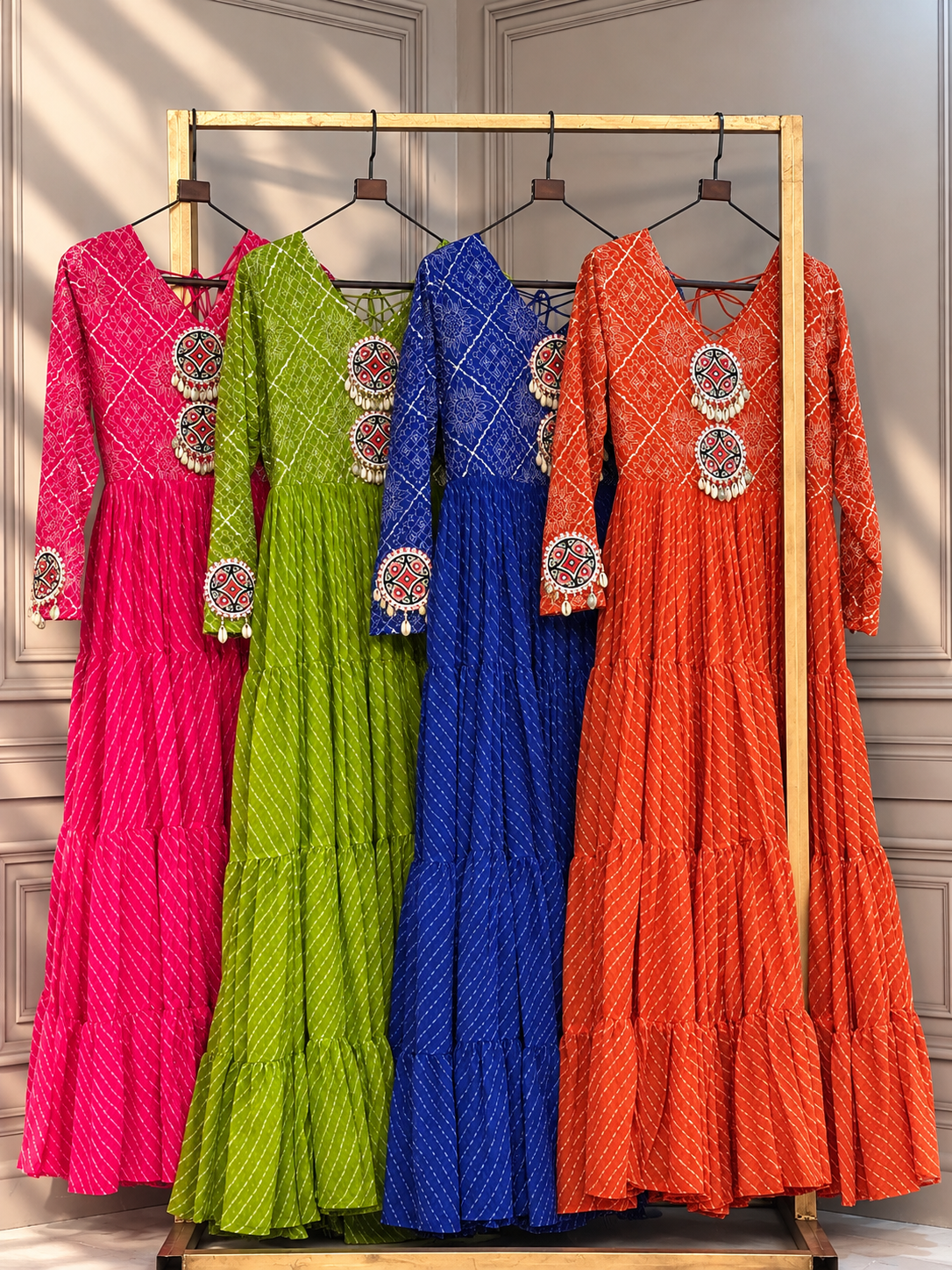 Designer Bandhani Printed Tiered Gown with Embellished Yoke & Sleeves