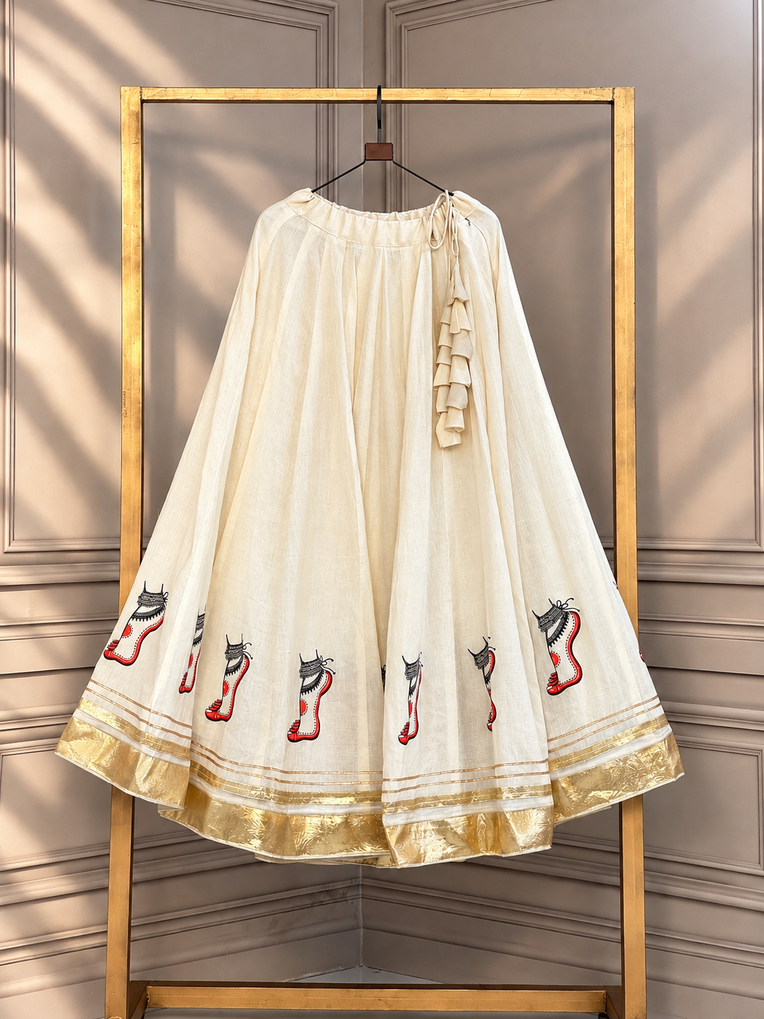 Designer Ethnic Printed Flared Skirt with Ruffle Tie-Up & Gota Patti Border