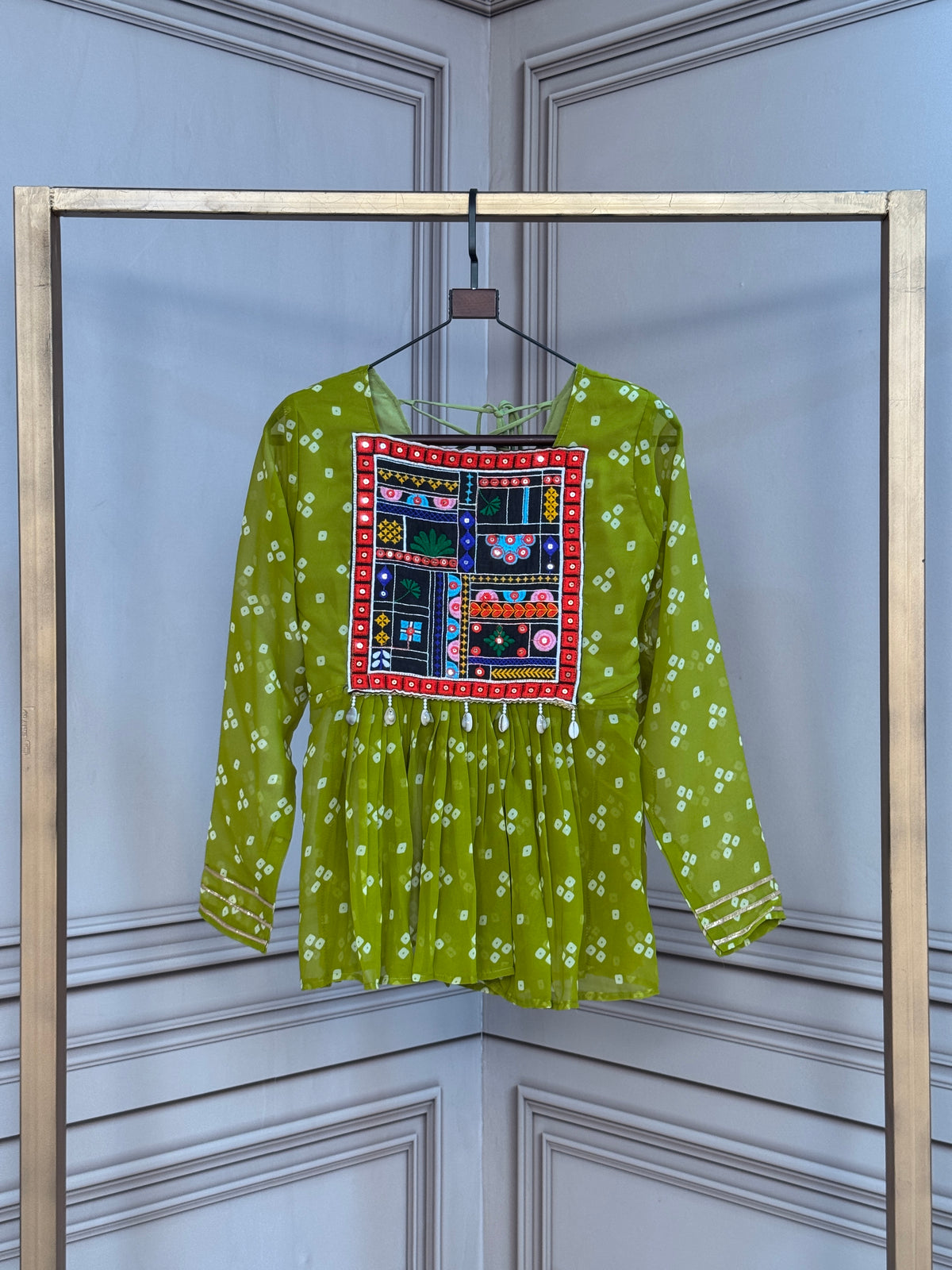 Designer Printed Peplum Top with Embroidered Yoke & Flared Hem