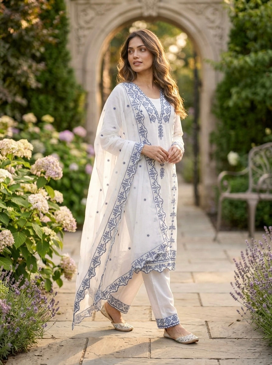 Women Embroidered Kurta Pant Set with Dupatta