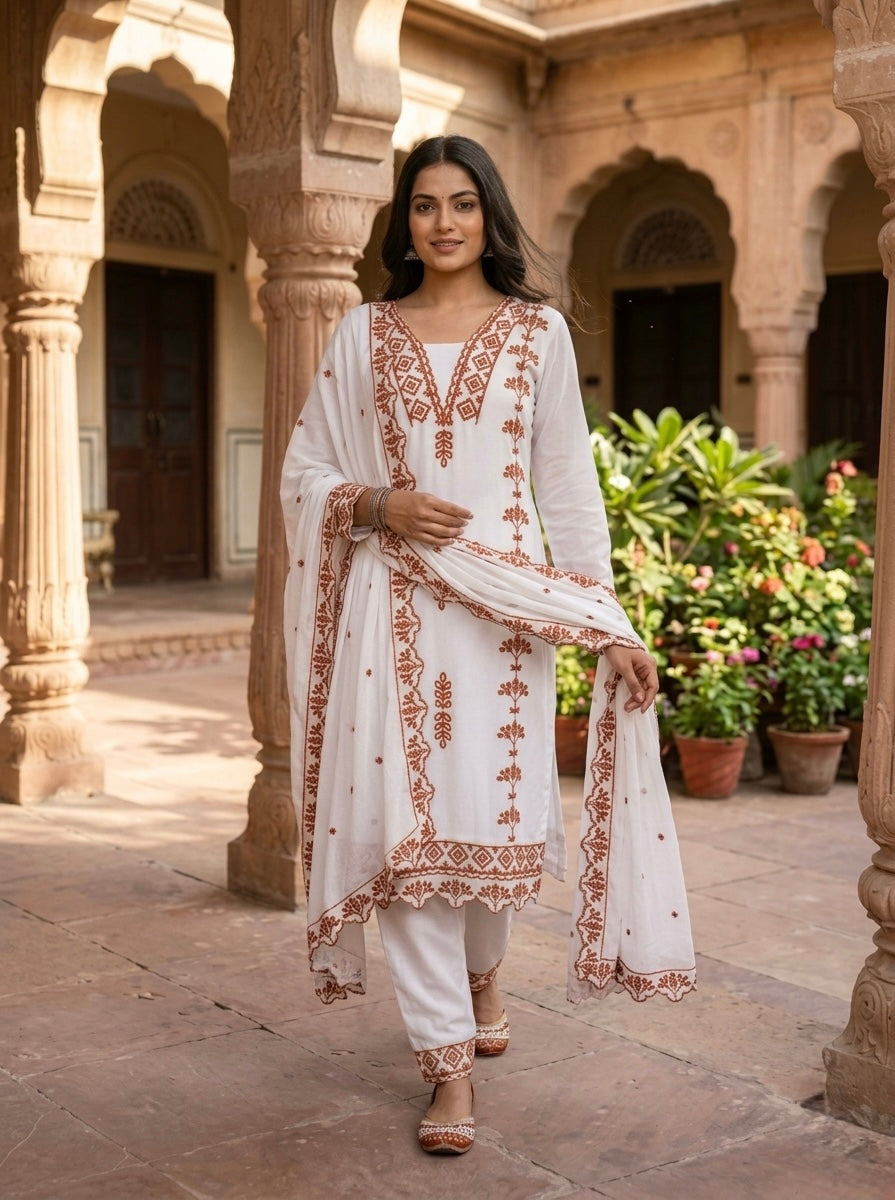 Women Embroidered Kurta Pant Set with Dupatta