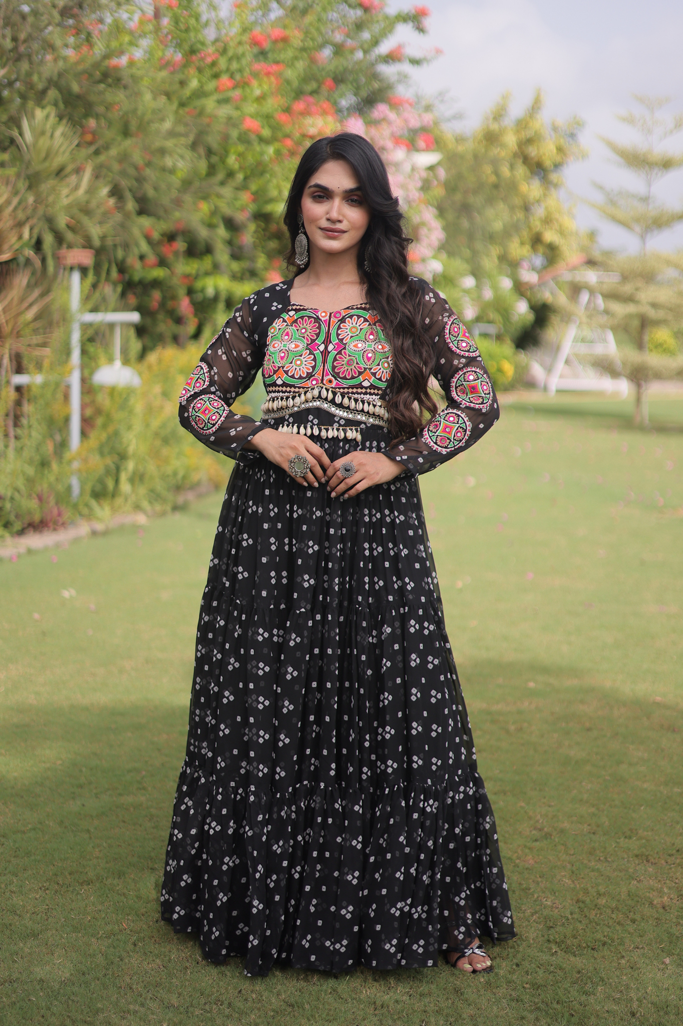 Women's Handcrafted Mirror Work Tiered Anarkali Gown